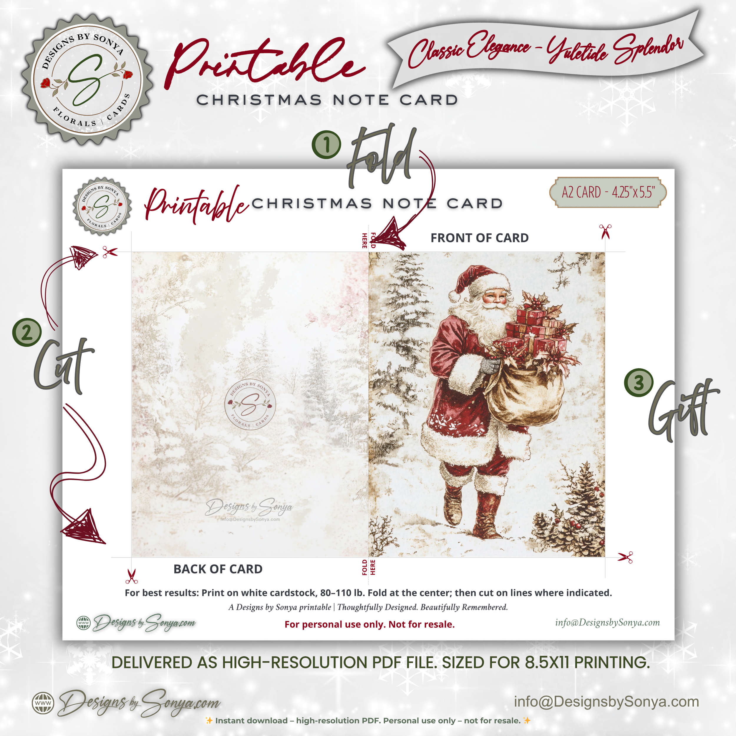 Santa Christmas Card Printable | Elegant Vintage Watercolor Holiday Note Card | A2 (4.25"x5.5") Folded Card | Instant Digital Download