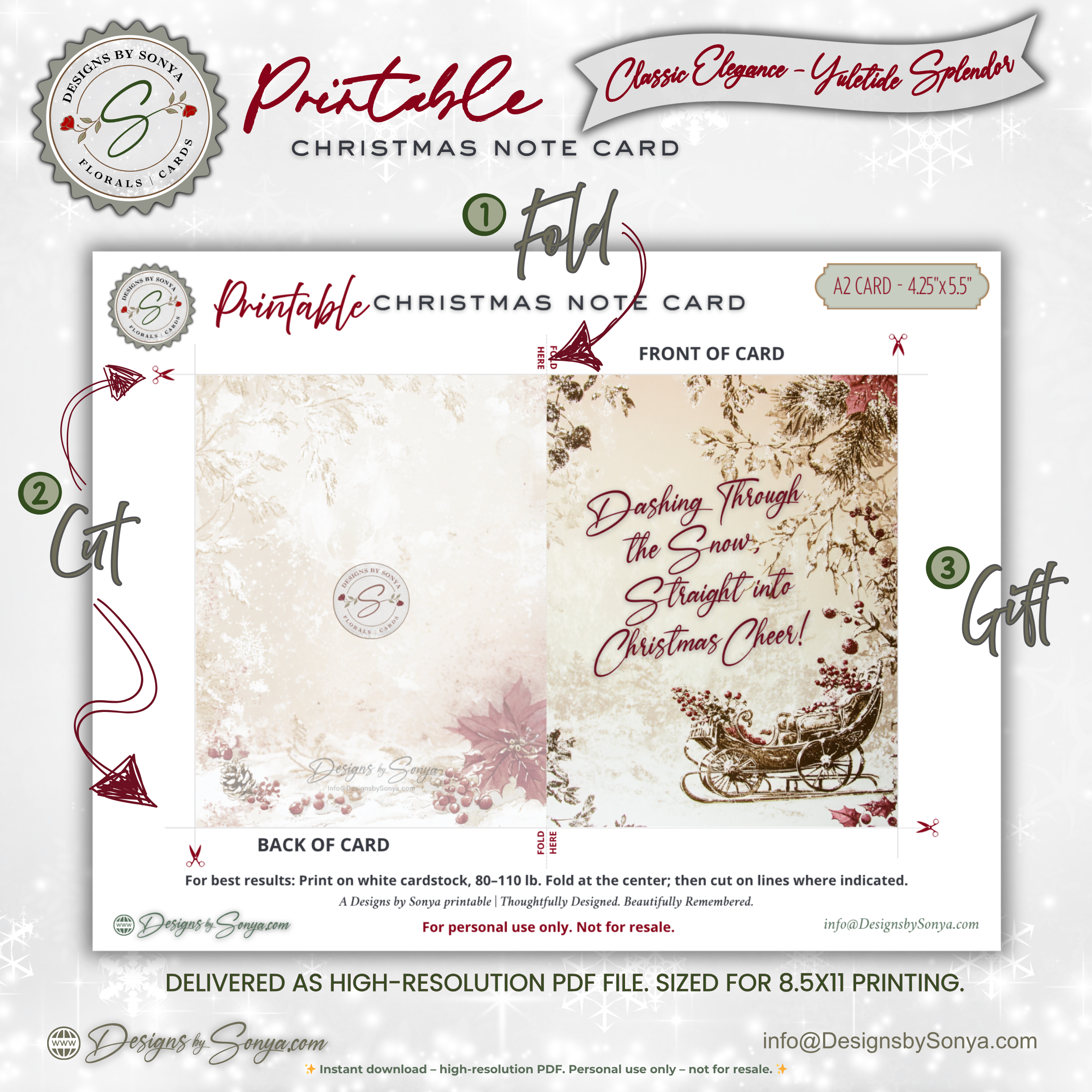 Vintage Sleigh Christmas Note Card, Printable Holiday Greeting Card, Dashing Through the Snow, A2  (4.25x5.5"), Elegant Christmas Stationery