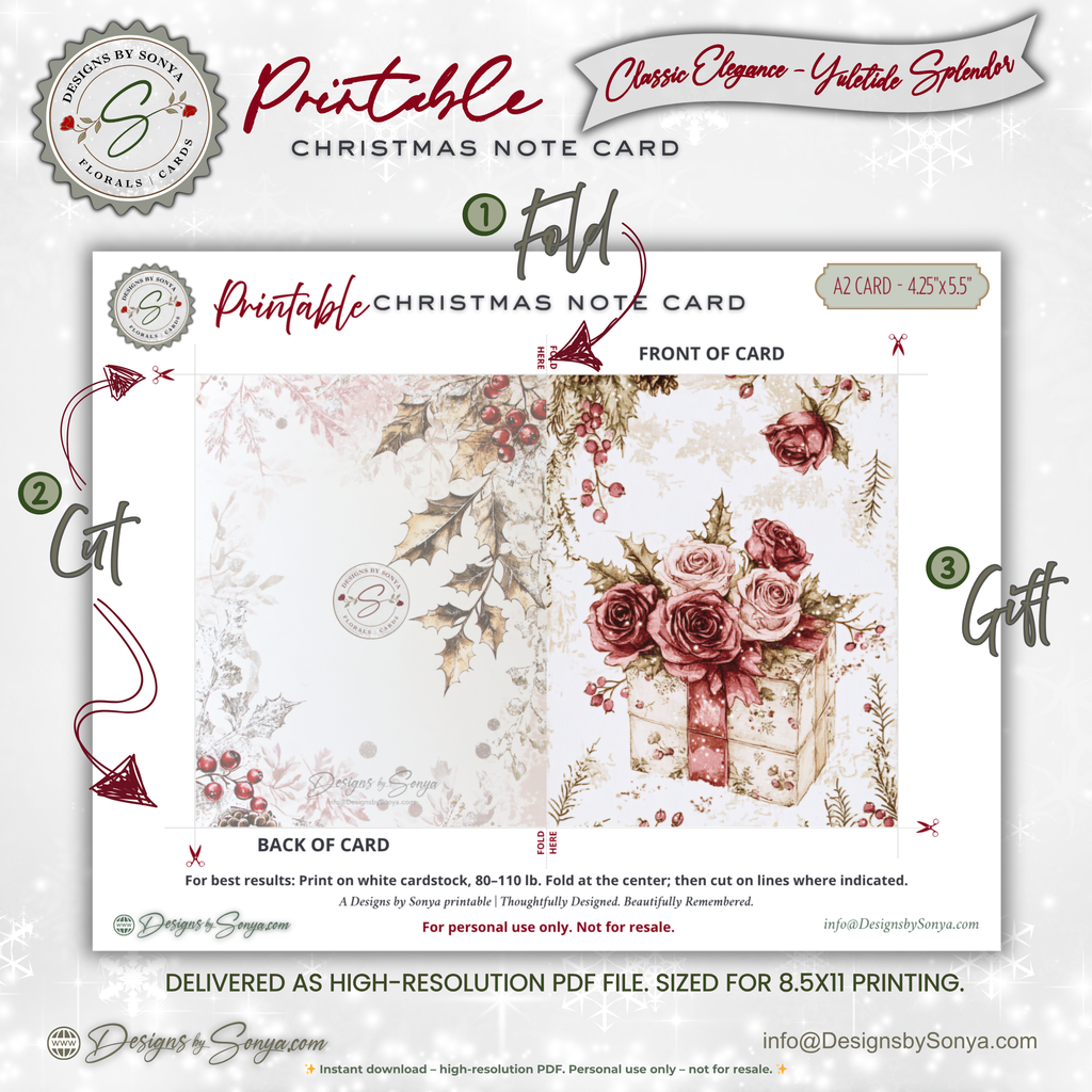 Floral Gift Box Christmas Printable Card • A2 (4.25" x 5.5") Folded Holiday Greeting Note Card • Winter Rose Bouquet Design • Christmas Stationery