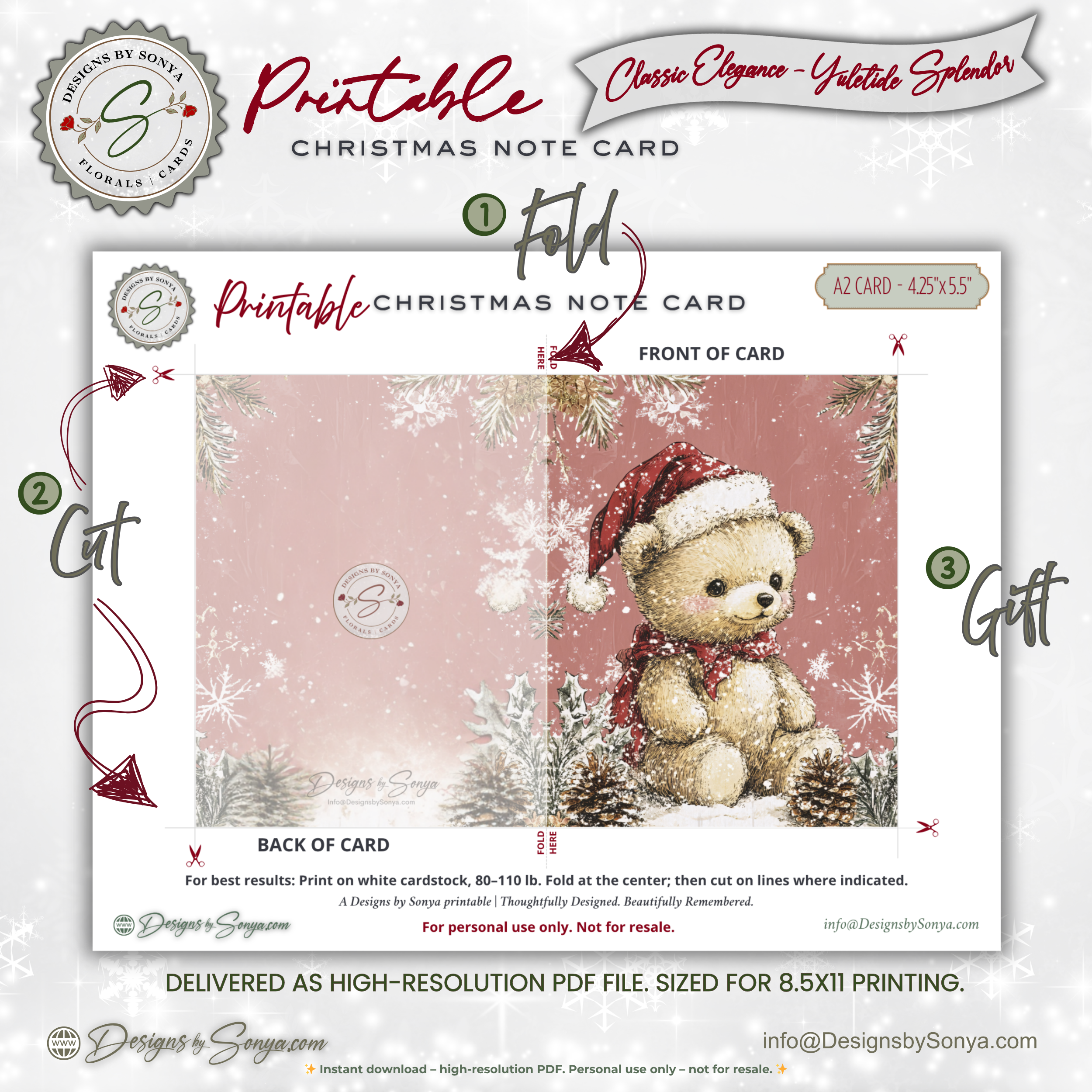 Christmas Teddy Bear Printable Card • A2 (4.25" x 5.5") Folded Holiday Greeting Note Card • Winter Woodland Design • Christmas Stationery