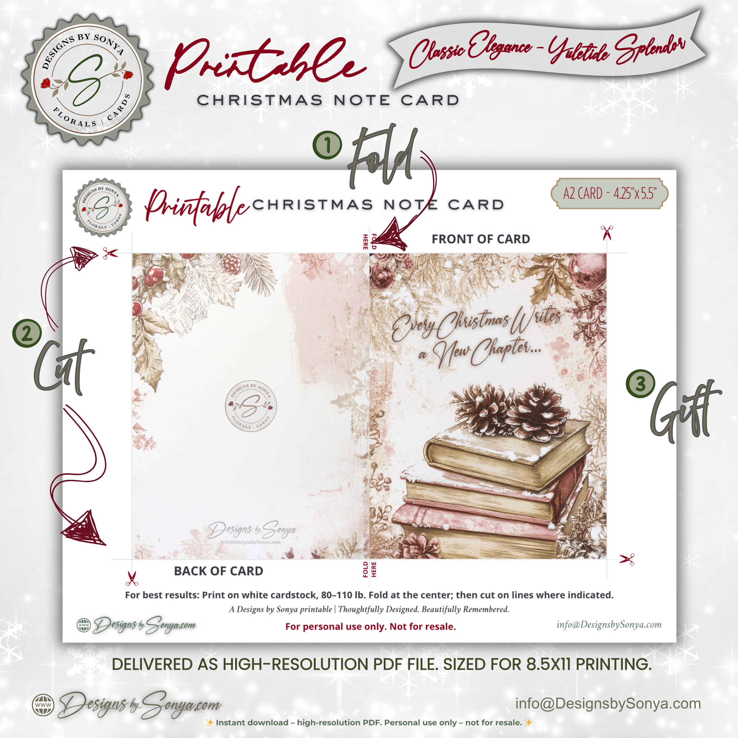 Every Christmas Writes a New Chapter Printable Card • A2 (4.25" x 5.5") Folded Holiday Greeting Note Card • Storybook Design • Christmas Stationery