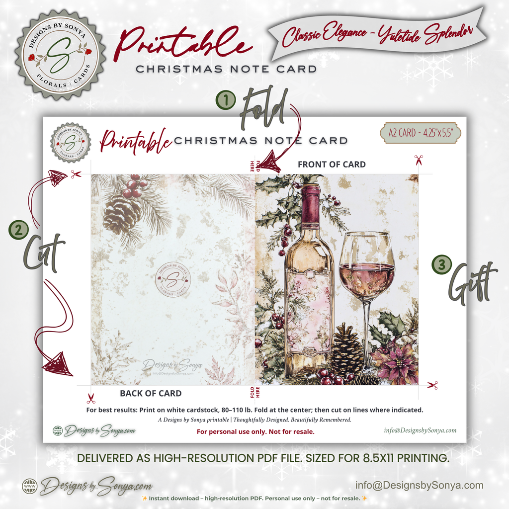 Holiday Toast Christmas Printable Card • A2 (4.25" x 5.5") Folded Holiday Greeting Note Card • Festive Wine Design • Christmas Stationery