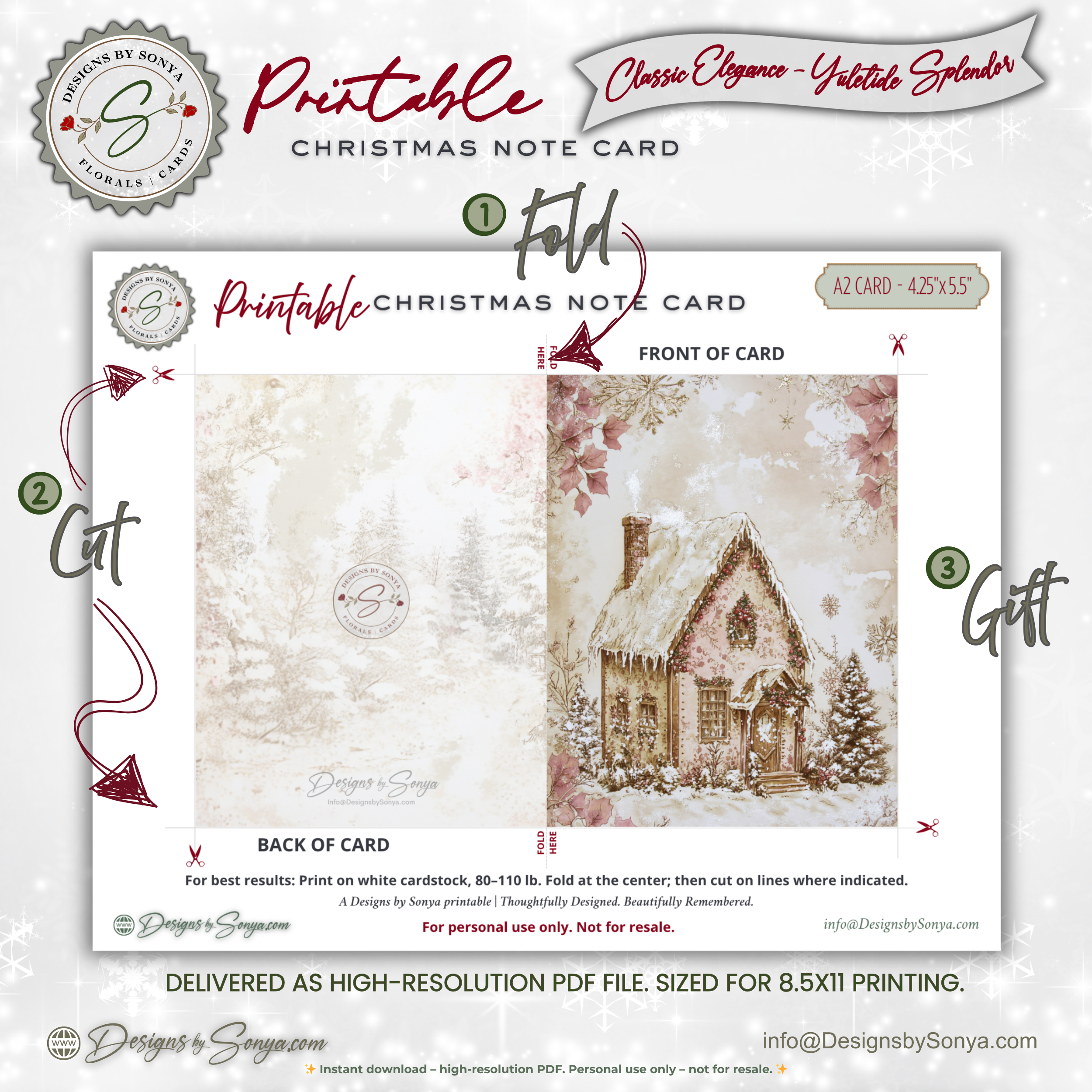 Gingerbread Cottage Christmas Printable Card • A2 (4.25" x 5.5") Folded Holiday Greeting Note Card • Vintage Storybook Design • Christmas Stationery