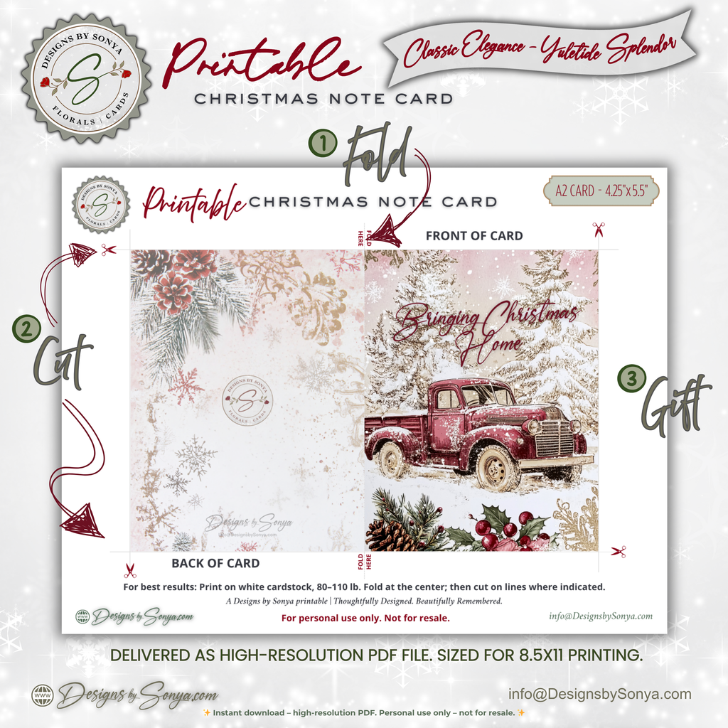 Bringing Christmas Home Printable Card • A2 (4.25" x 5.5") Folded Holiday Greeting Note Card • Vintage Red Truck Design • Christmas Stationery