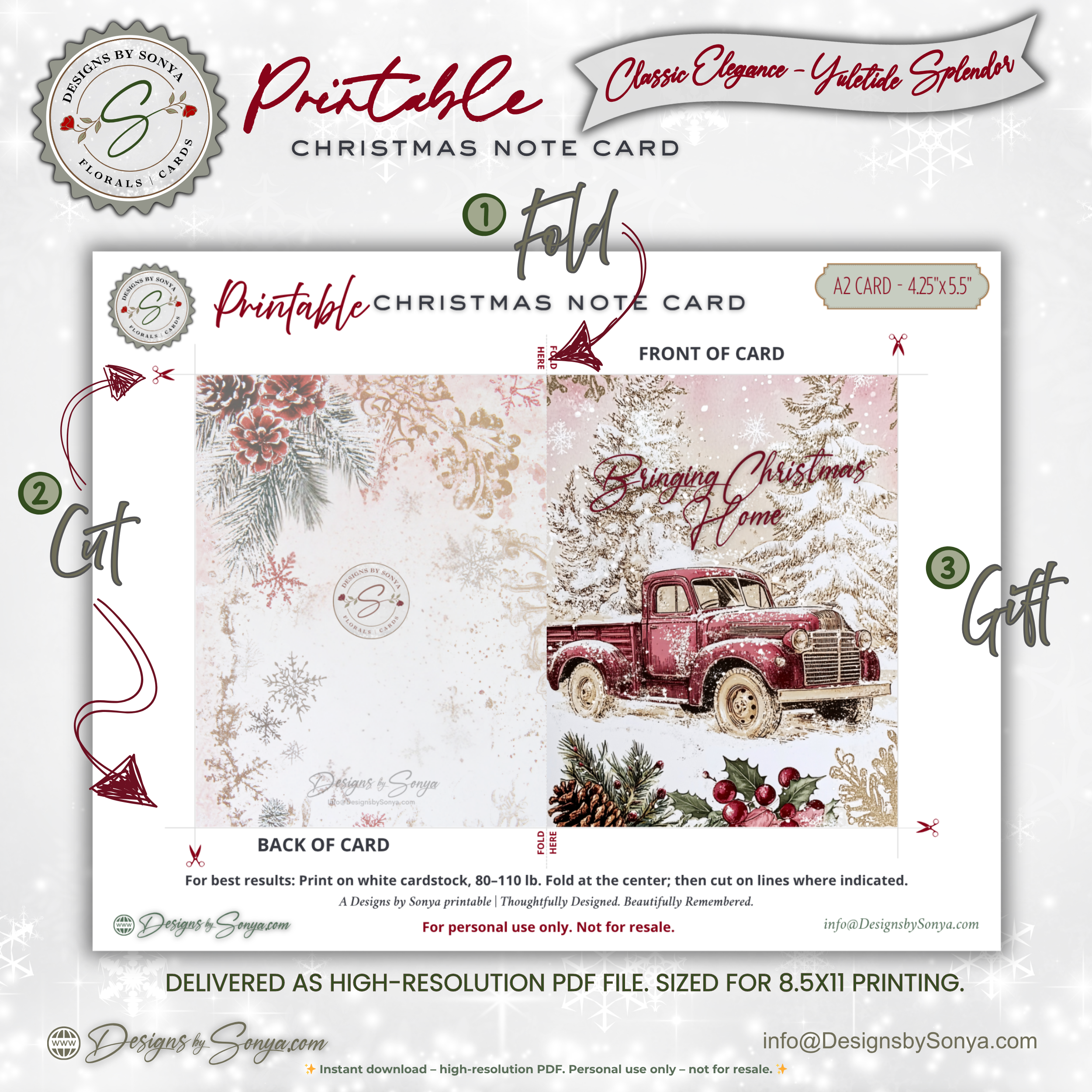 Bringing Christmas Home Printable Card • A2 (4.25" x 5.5") Folded Holiday Greeting Note Card • Vintage Red Truck Design • Christmas Stationery