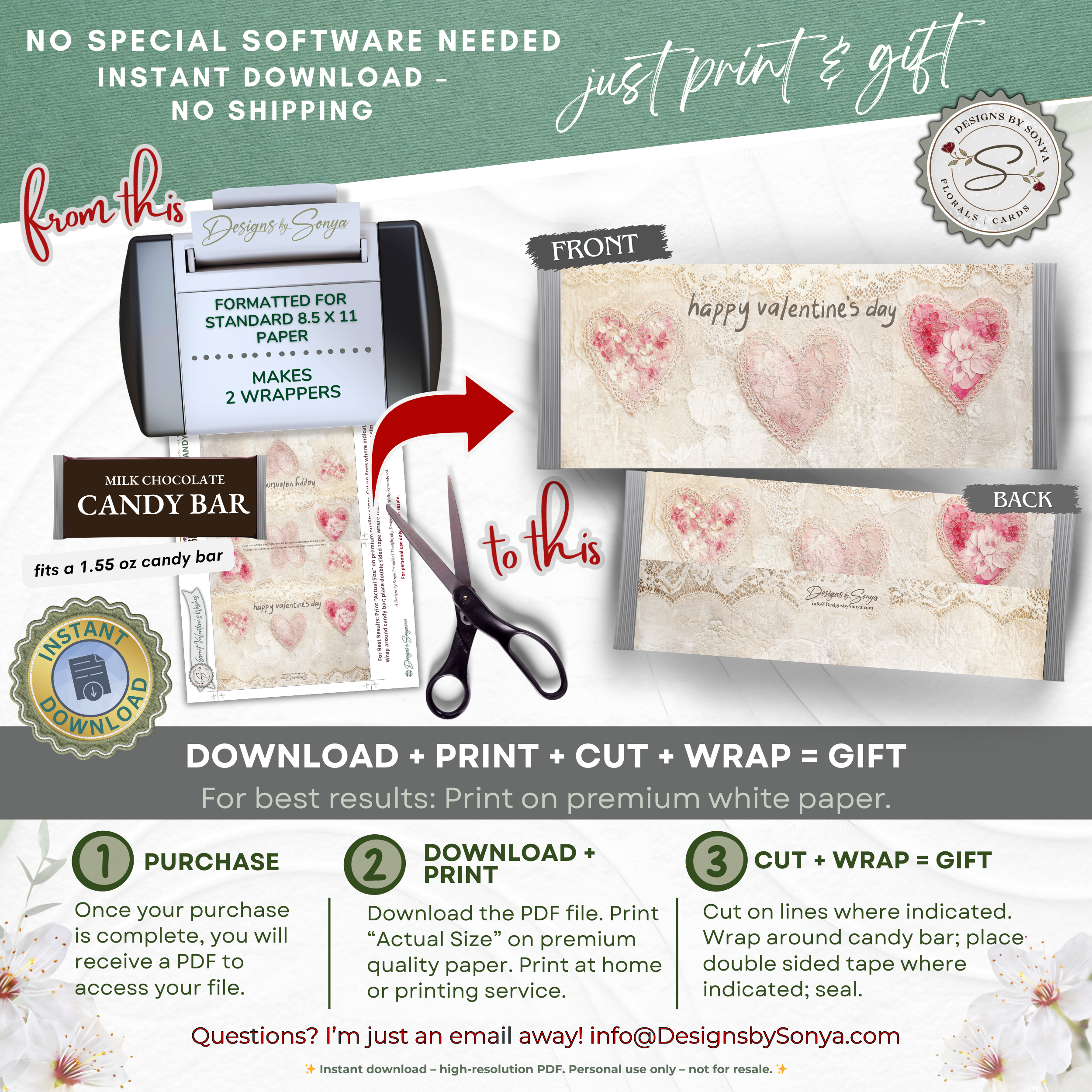 Floral Heart Valentine Chocolate Wrapper Printable – Romantic DIY Treat Wrap for 1.55 oz Candy Bars, Gifts & Party Favors