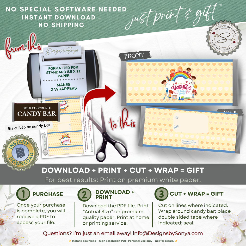Kids Valentine Candy Bar Wrapper Printable – Classroom Valentine's Treat Wrap for 1.55 oz Chocolate Bars – Happy Valentine’s Day Gift