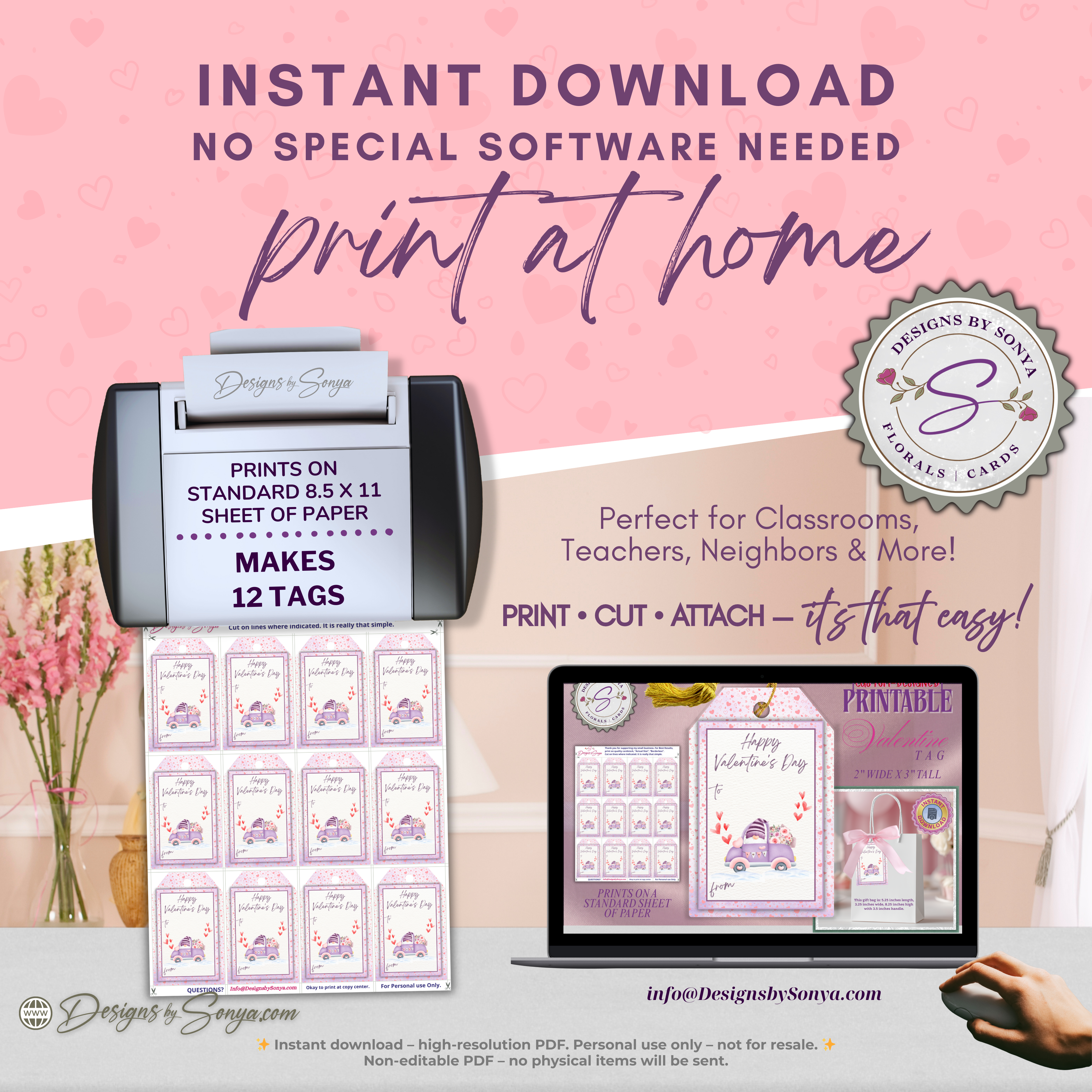 Valentine’s Day Printable Gift Tag – Cute Purple Car & Hearts – 2x3 Treat Bag Tag for Classroom Gifts, Teachers, Kids, Neighbors, DIY Valentine