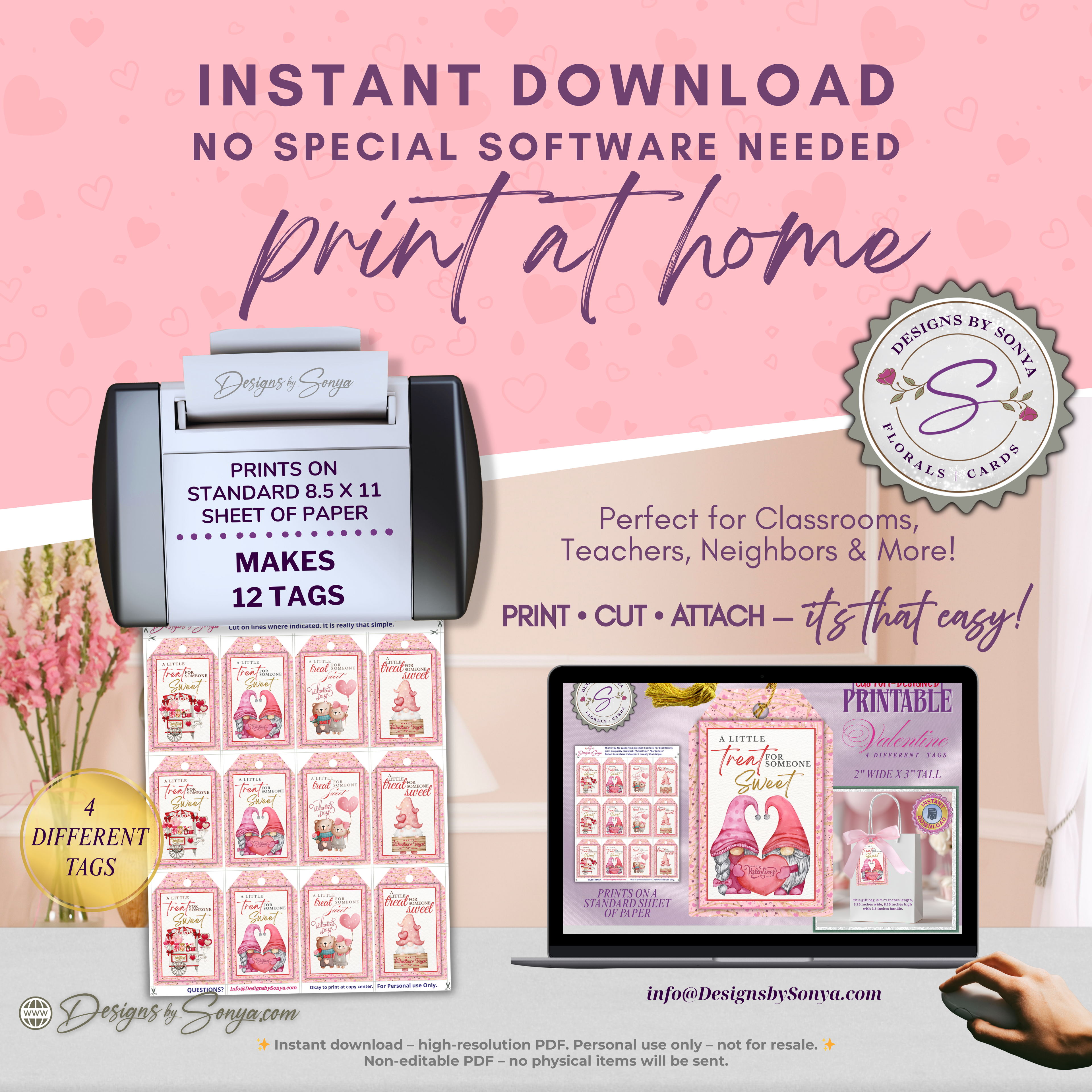 Valentine Printable Tags – Gnome Treat Tags – 4 Custom 2x3 Gift Tags for Classroom Valentines, Teachers, Party Favors, Cute DIY Candy Bags