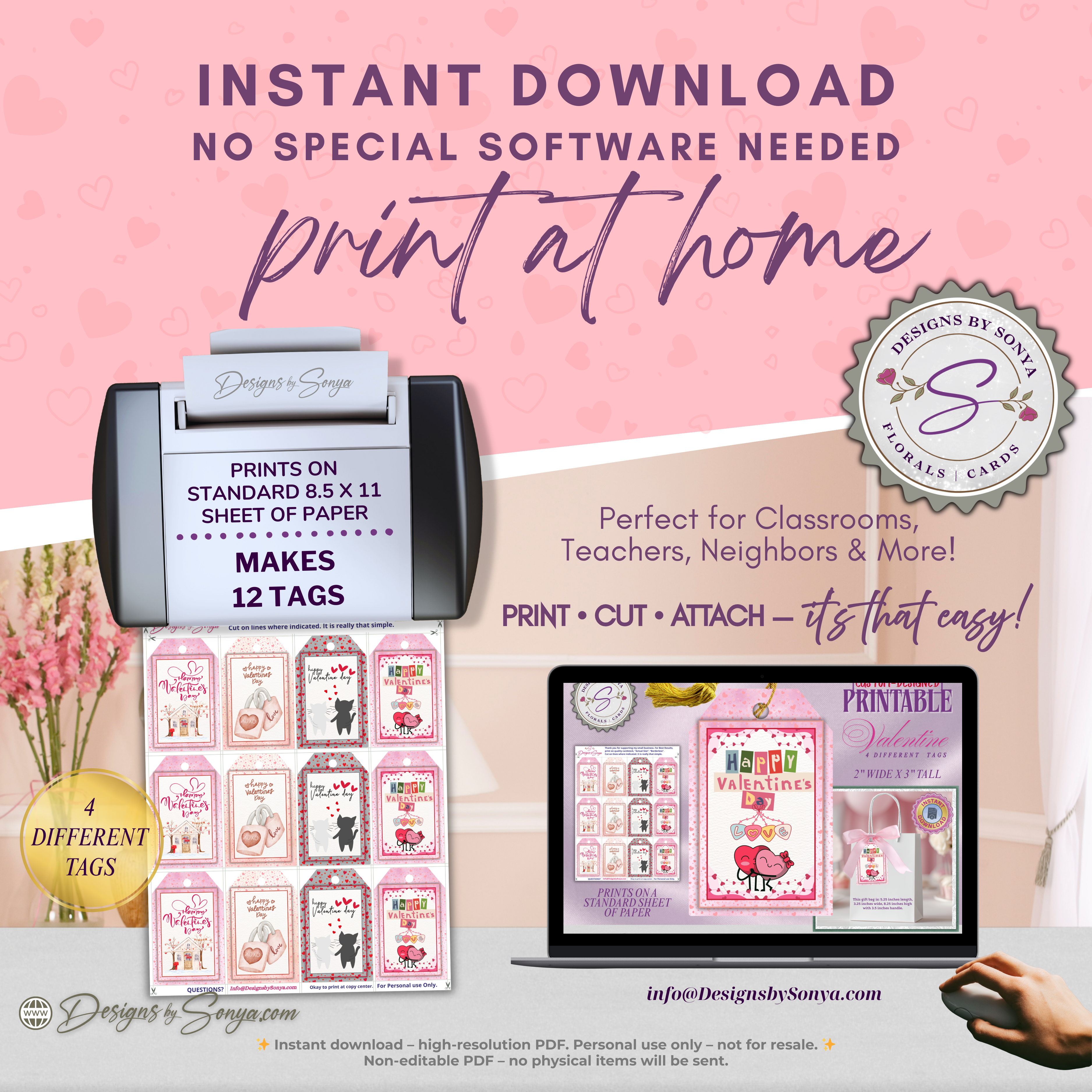 Valentine Printable Tags – 4 Designs – 2x3 Gift Tags for Treat Bags, Classroom Valentines, DIY Party Favors, Teachers, School, XOXO Hearts