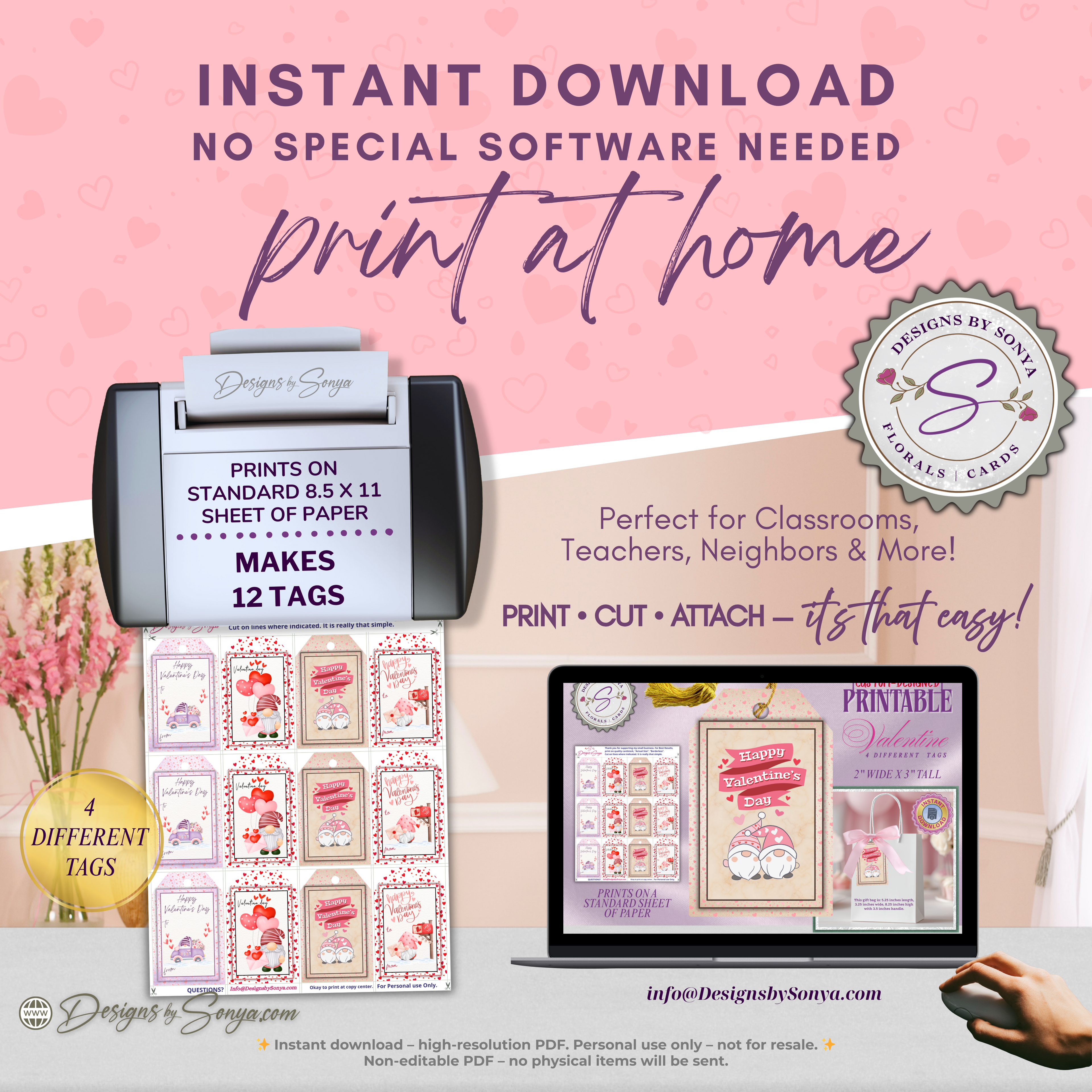 2×3 Valentine Printable Gift Tags – 4 Gnome Designs – Cute Holiday Treat Bag Tags for Classroom Parties, Teachers, Kids – DIY PDF Download