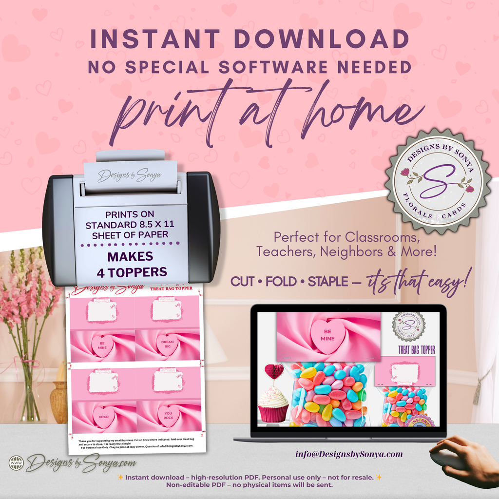 Valentine Treat Bag Toppers Printable – Set of 4 Candy Heart Designs – 4x2 Folded Labels for Classroom, Kids, Party Favors
