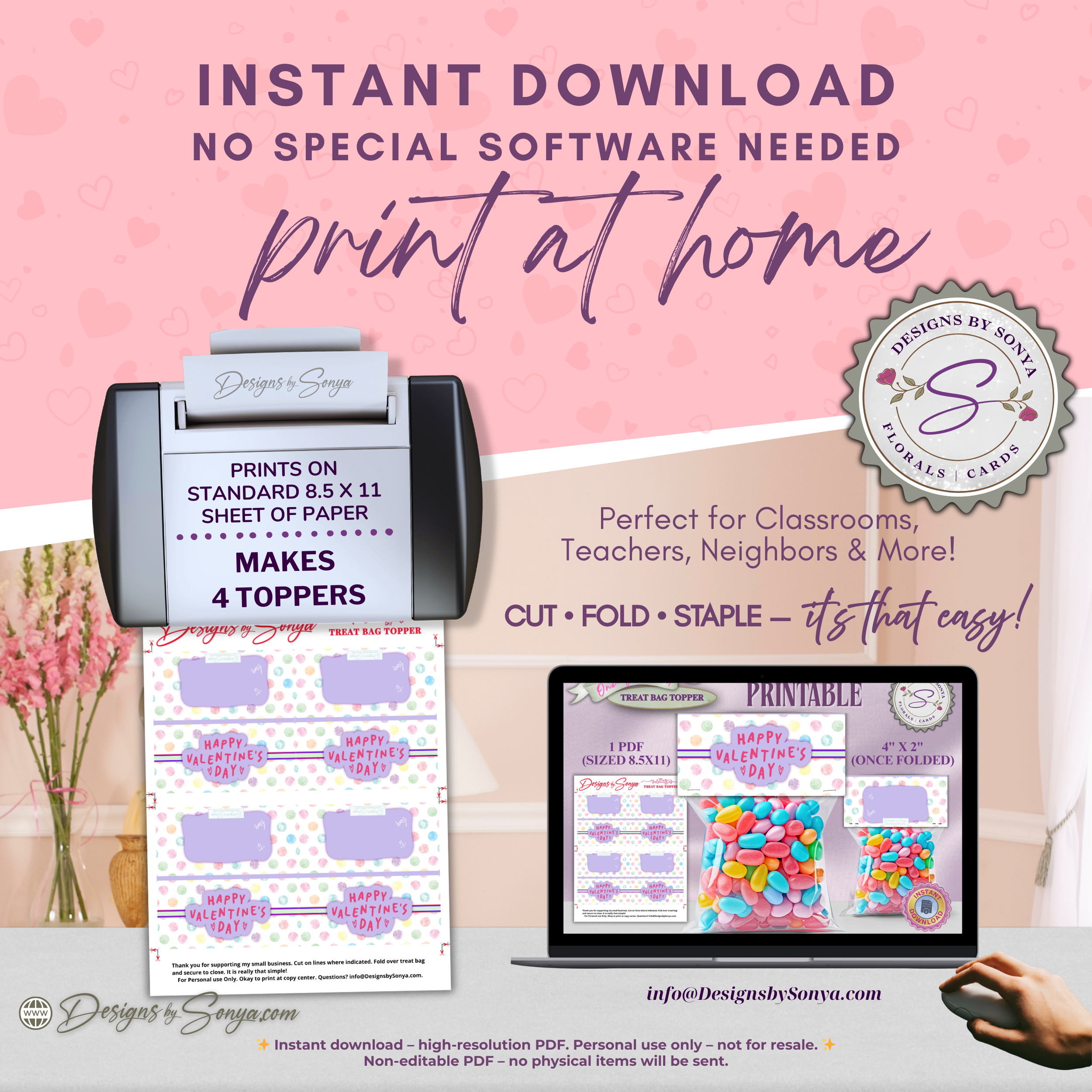 Printable Valentine’s Day Treat Bag Topper – Cute Pastel Heart Design – DIY Classroom Candy Bag Label for Kids, Teachers & Party Favors