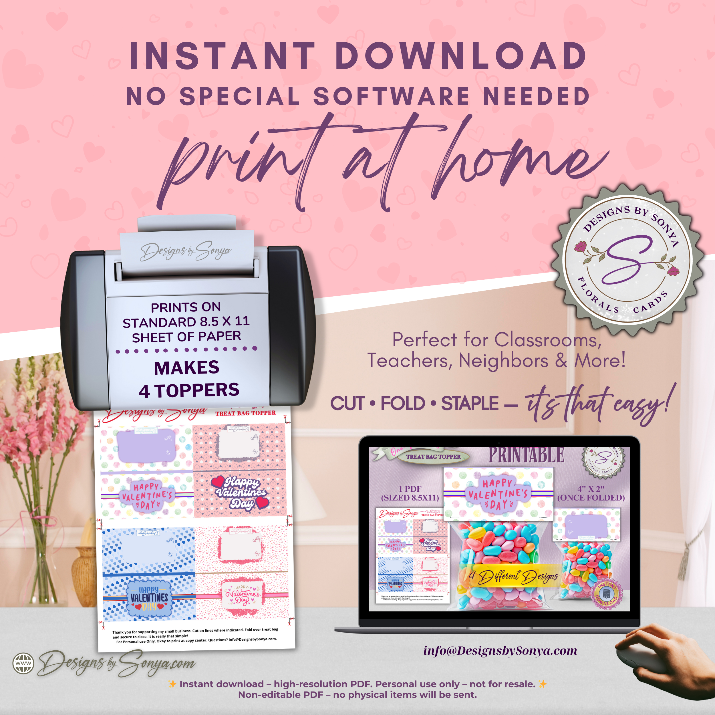 Printable Valentine’s Day Treat Bag Toppers – Set of 4 Cute Classroom Party Favor Labels – DIY Candy Gift Tags for Kids, Teachers & Friends