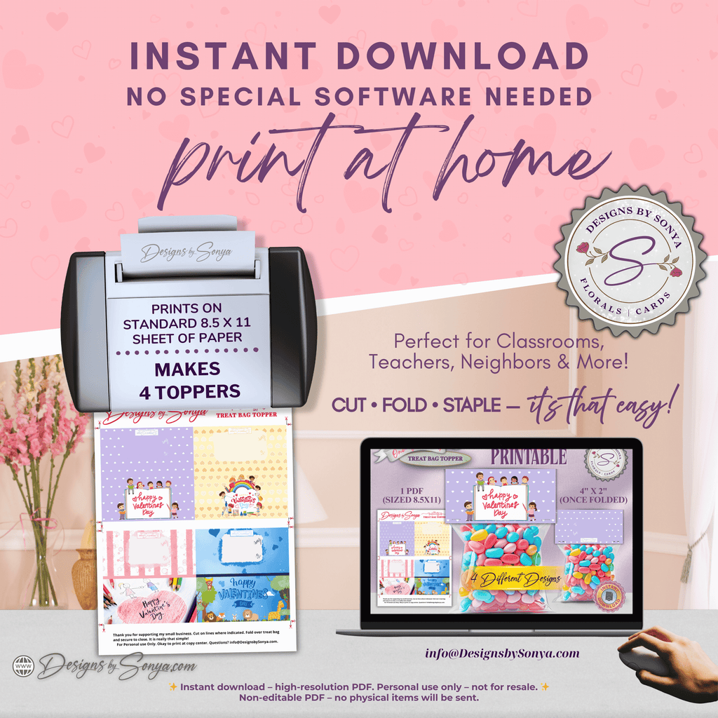Kids Valentine’s Day Treat Bag Toppers – Printable Classroom Party Favor Set of 4 – Cute Children’s Candy Bag Labels – 4"x2" Folded Topper PDF