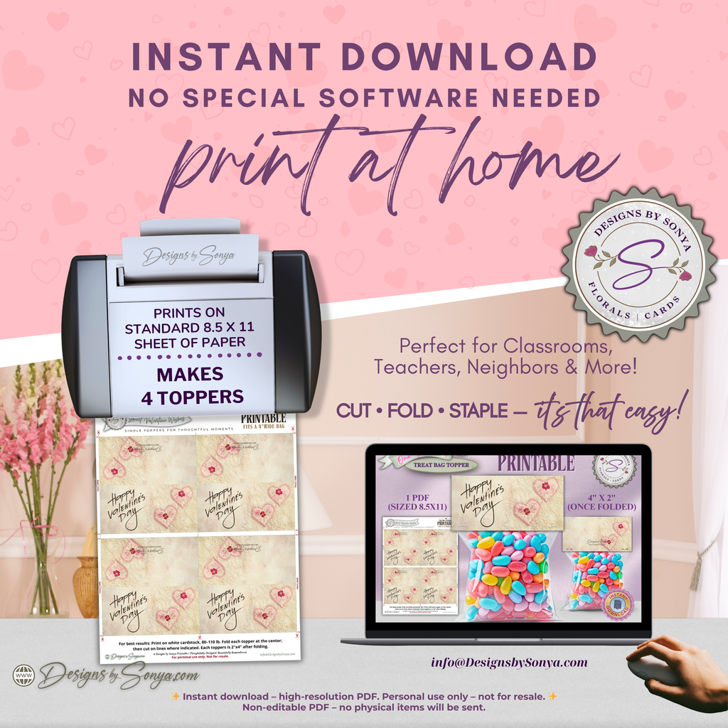 Vintage Valentine Printable Treat Bag Topper – Happy Valentine’s Day Candy Bag Topper for Classroom Treats, Teachers & Neighbors – 4"x2" Folded