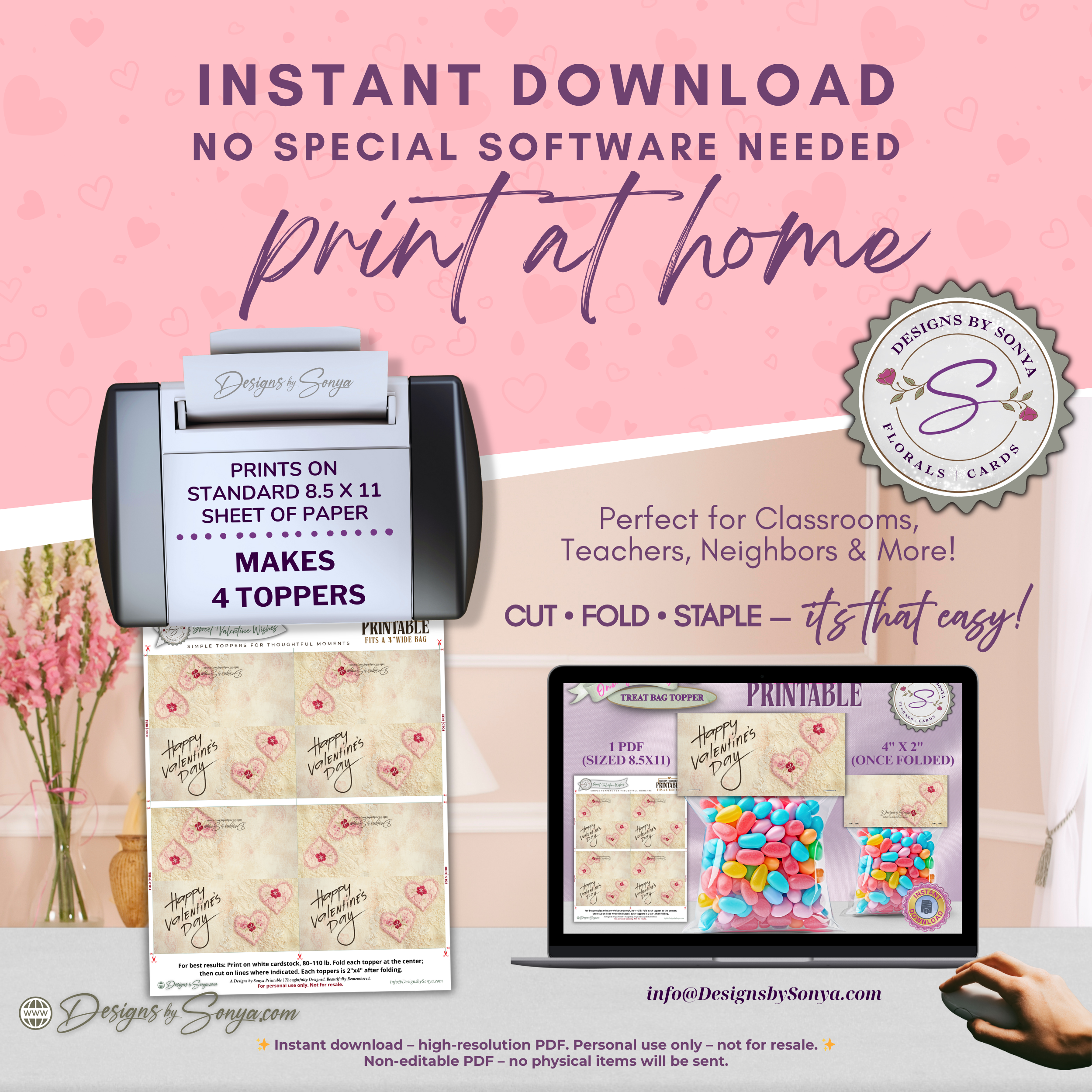 Vintage Valentine Printable Treat Bag Topper – Happy Valentine’s Day Candy Bag Topper for Classroom Treats, Teachers & Neighbors – 4"x2" Folded