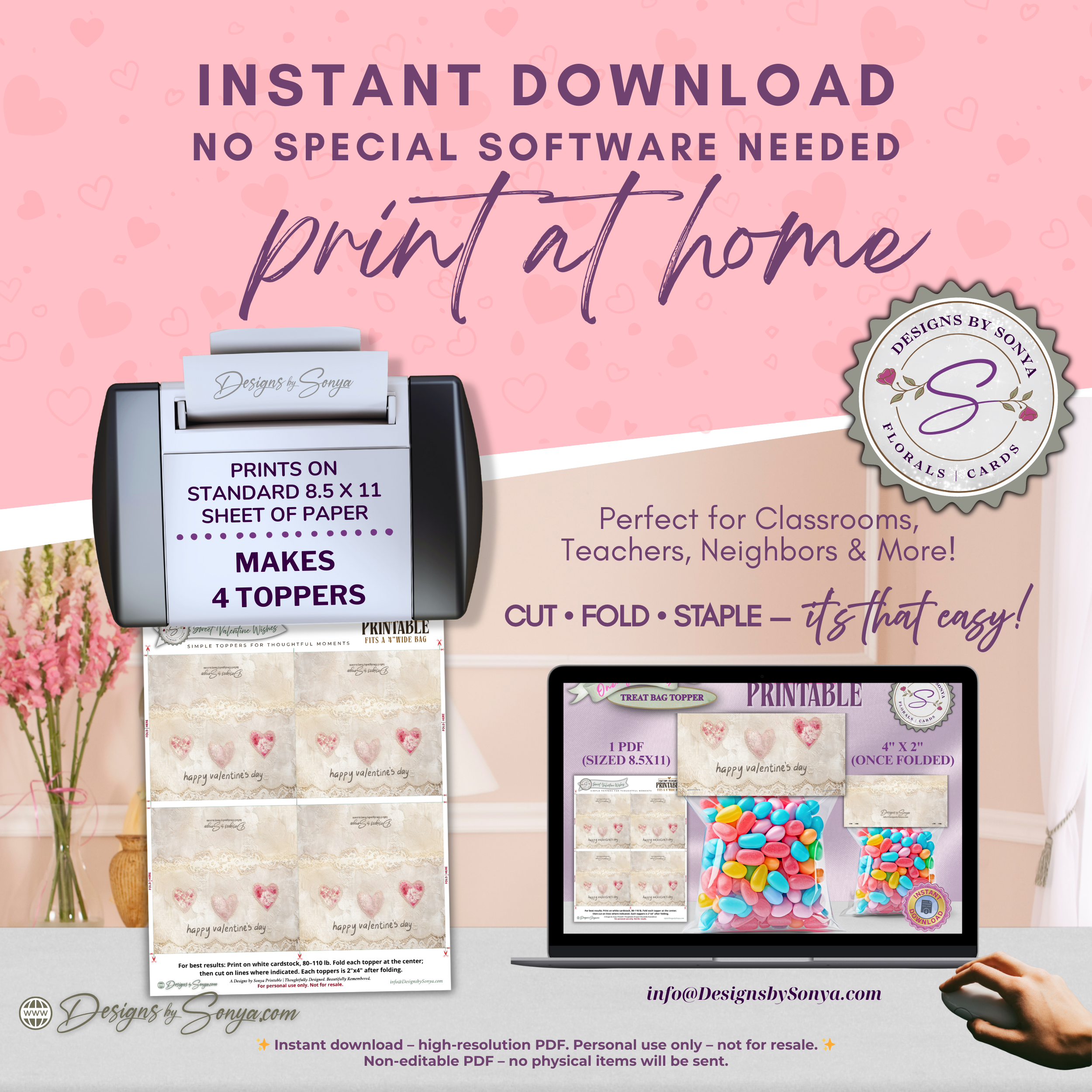 Vintage Hearts & Lace Printable Valentine Candy Treat Bag Topper – Classroom Party Favors, Teachers, Friends,  Neighbors – 4"x2" Folded