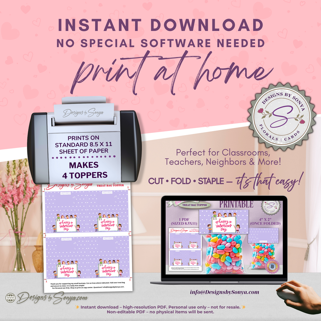 Kids Valentine Treat Bag Topper Printable – Cute Classroom Favor DIY Snack Bag Label – Easy Valentine Party Gift for Teachers & Students