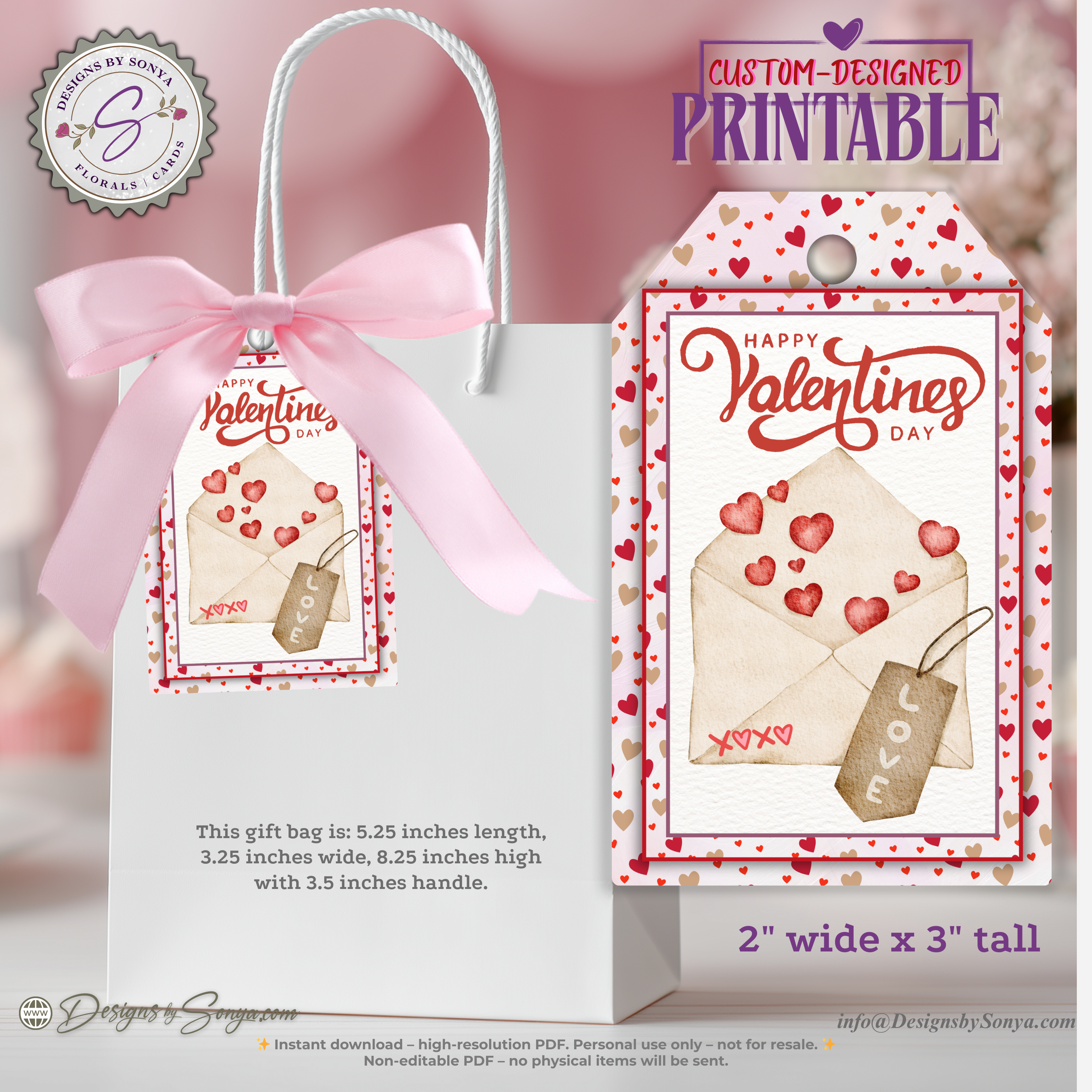 Valentine’s Day Printable Gift Tags – 6 Envelope Designs – 2x3 Treat Bag Tags for Classroom Gifts, Teachers, Kids, Party Favors – Instant Download