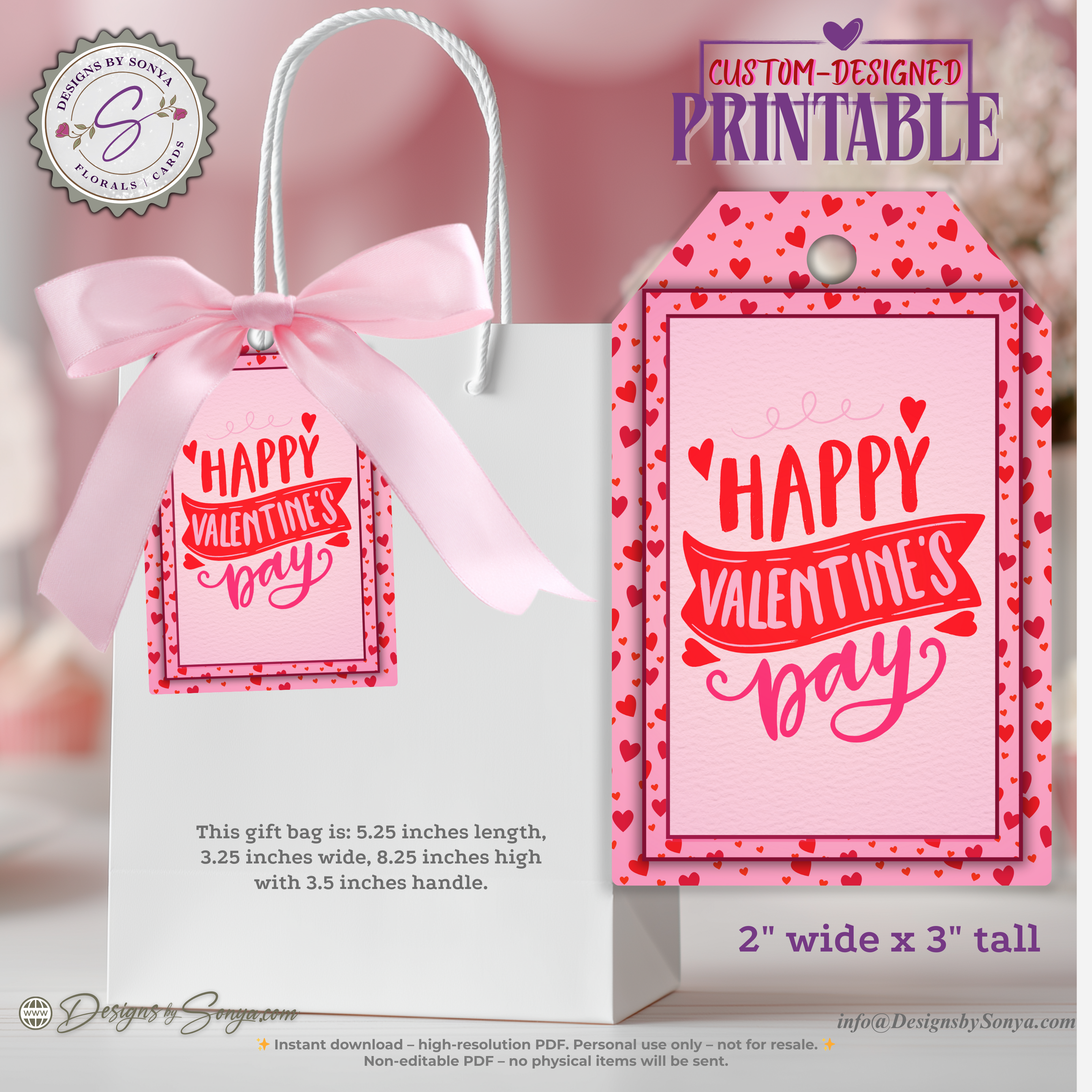 Valentine Printable Tags – 6 Designs – 2x3 Treat Bag Tags for Kids, Classroom Favors, Teachers, School Parties, DIY Valentines, XOXO Hearts