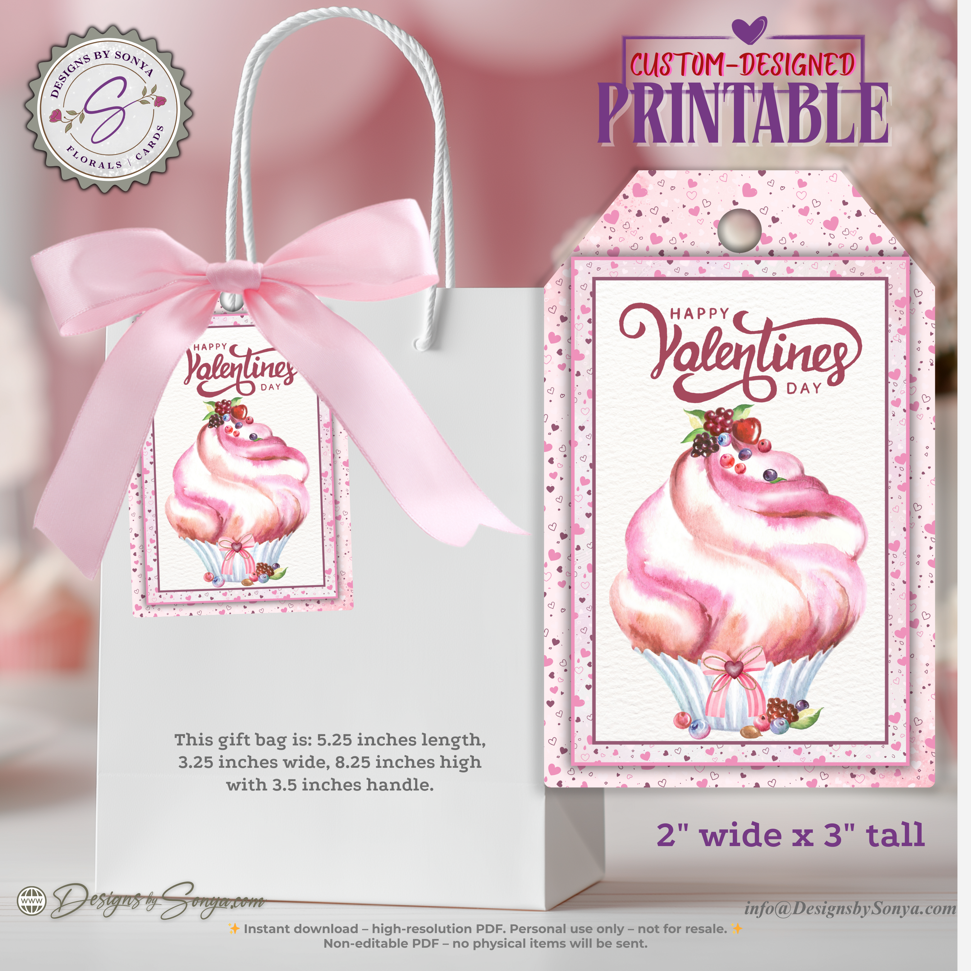 Valentine Printable Tags – Cupcake Designs – 6 Different 2x3 Treat Bag Tags for Classroom Valentines, Teachers, Party Favors, DIY Gifts