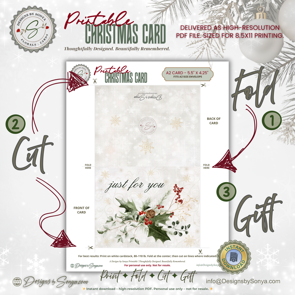 Printable Christmas Card • “Just for You” Watercolor Holly, Pine & Berries • A2 Folded (5.5" x 4.25") Holiday DIY Greeting Note Card