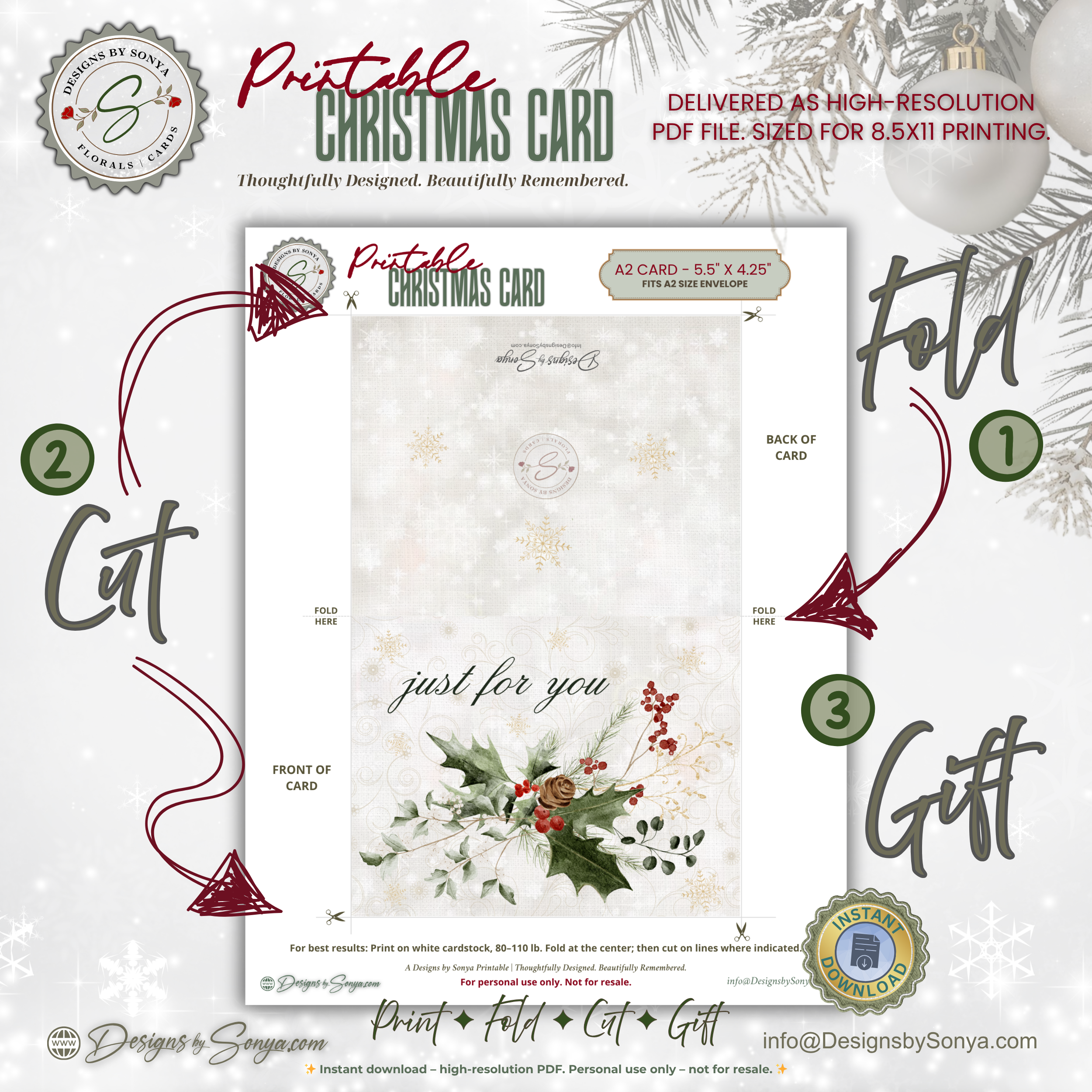 Printable Christmas Card • “Just for You” Watercolor Holly, Pine & Berries • A2 Folded (5.5" x 4.25") Holiday DIY Greeting Note Card