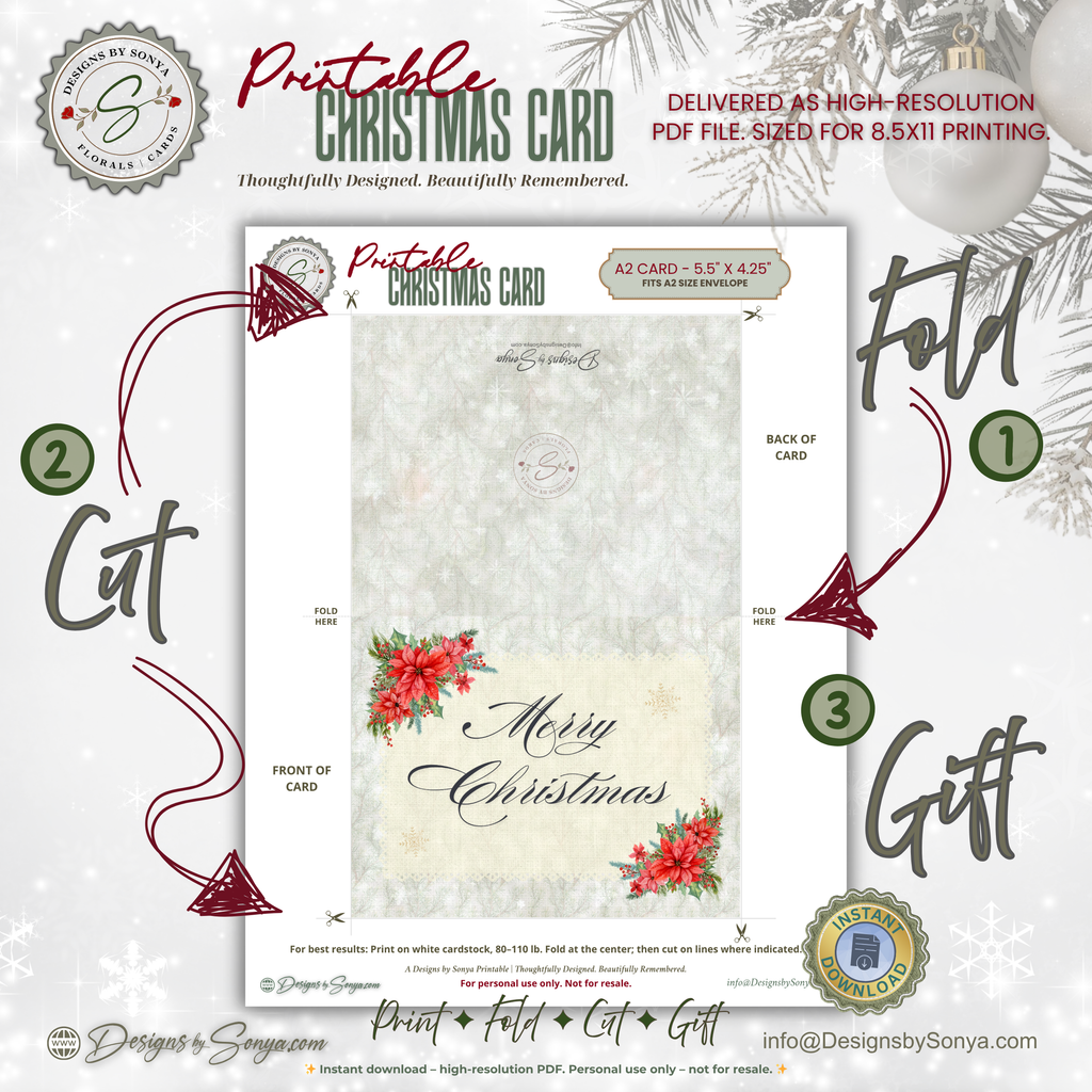 Printable Christmas Card • Watercolor Poinsettias • Merry Christmas A2 Holiday Note Card • Festive Winter Florals • Holiday Stationery Gift