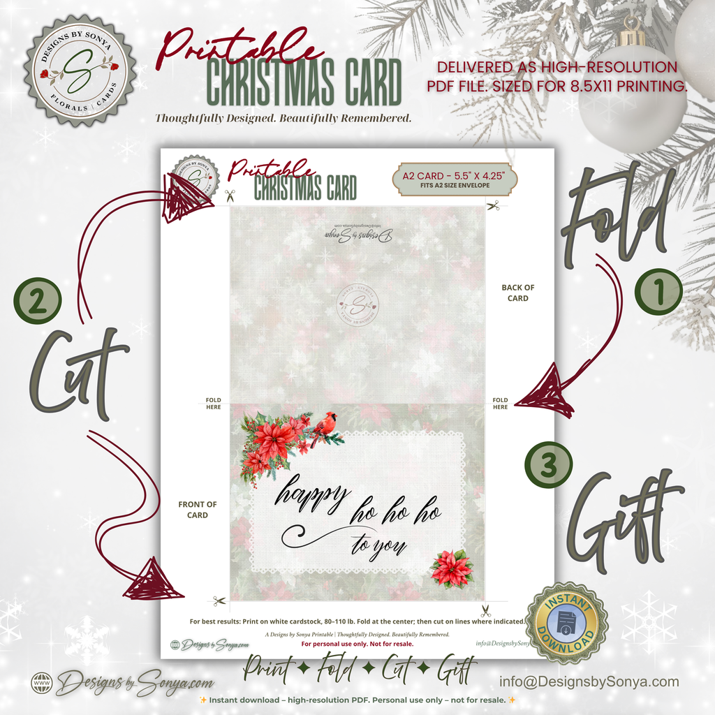 Printable Christmas Card • Watercolor Poinsettias with Cardinal • Happy Ho Ho Ho to You • A2 Holiday Note Card • Winter Floral Holiday Stationery