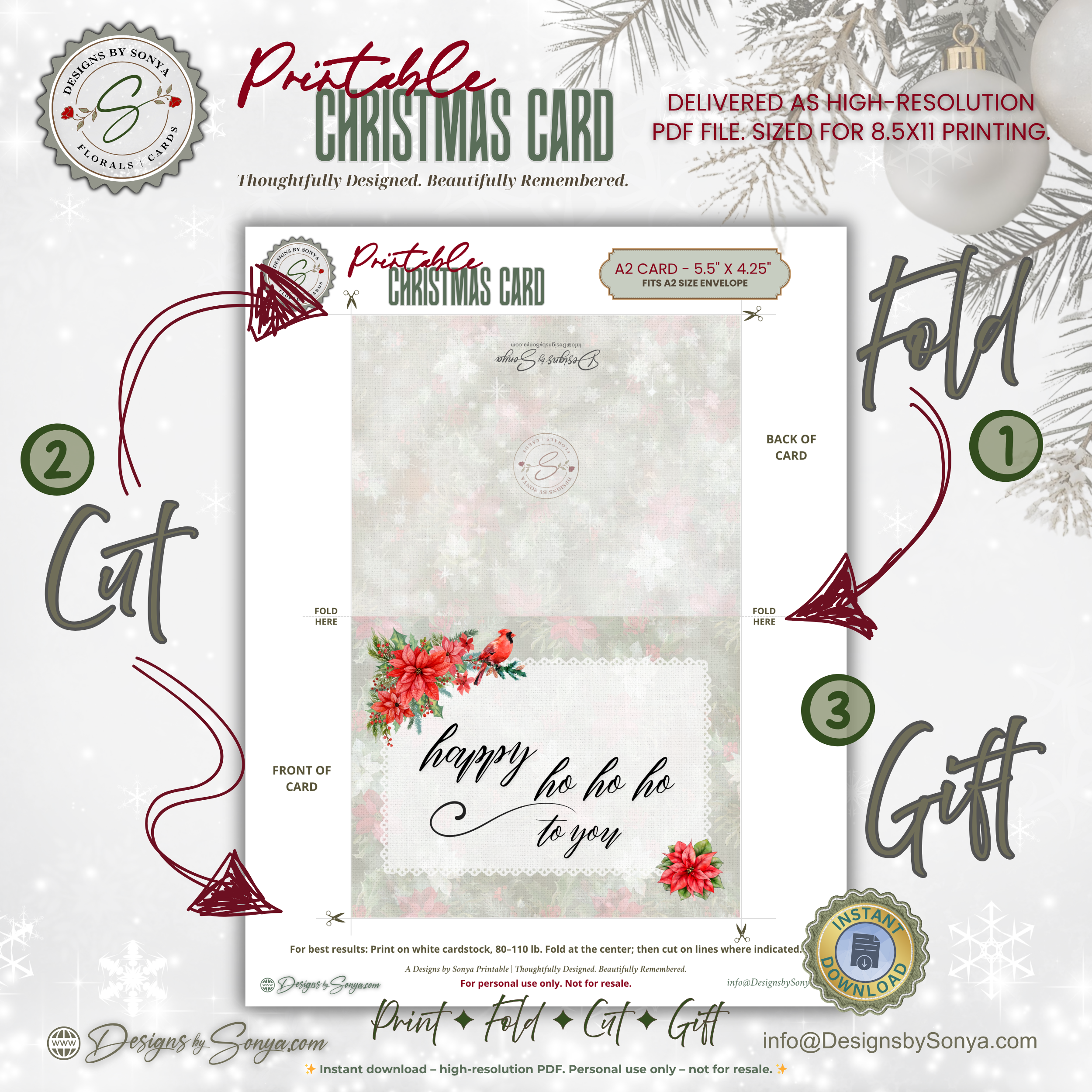 Printable Christmas Card • Watercolor Poinsettias with Cardinal • Happy Ho Ho Ho to You • A2 Holiday Note Card • Winter Floral Holiday Stationery