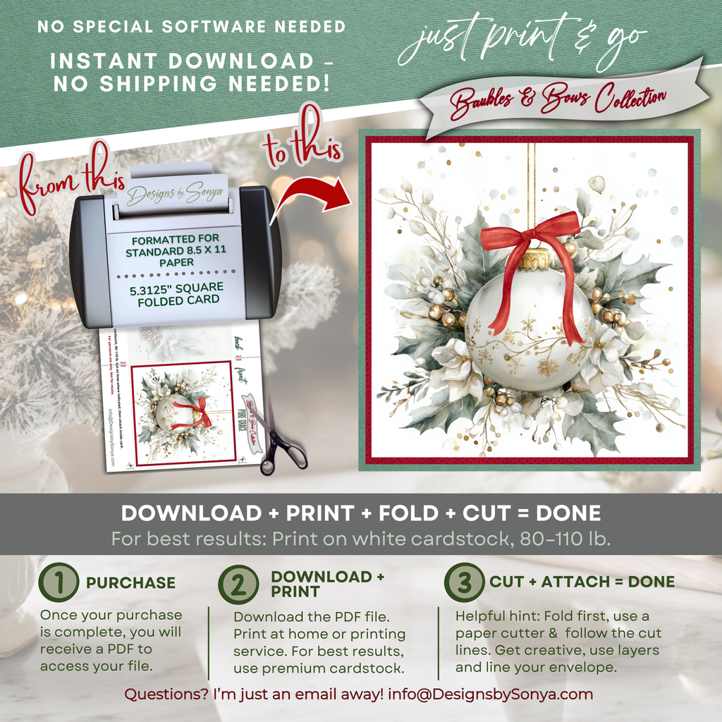 Printable Christmas Card – Watercolor Ornament with Red Bow, Holiday Greeting Card for Friends, Neighbors, Teachers, Coworkers, Family, Ministries