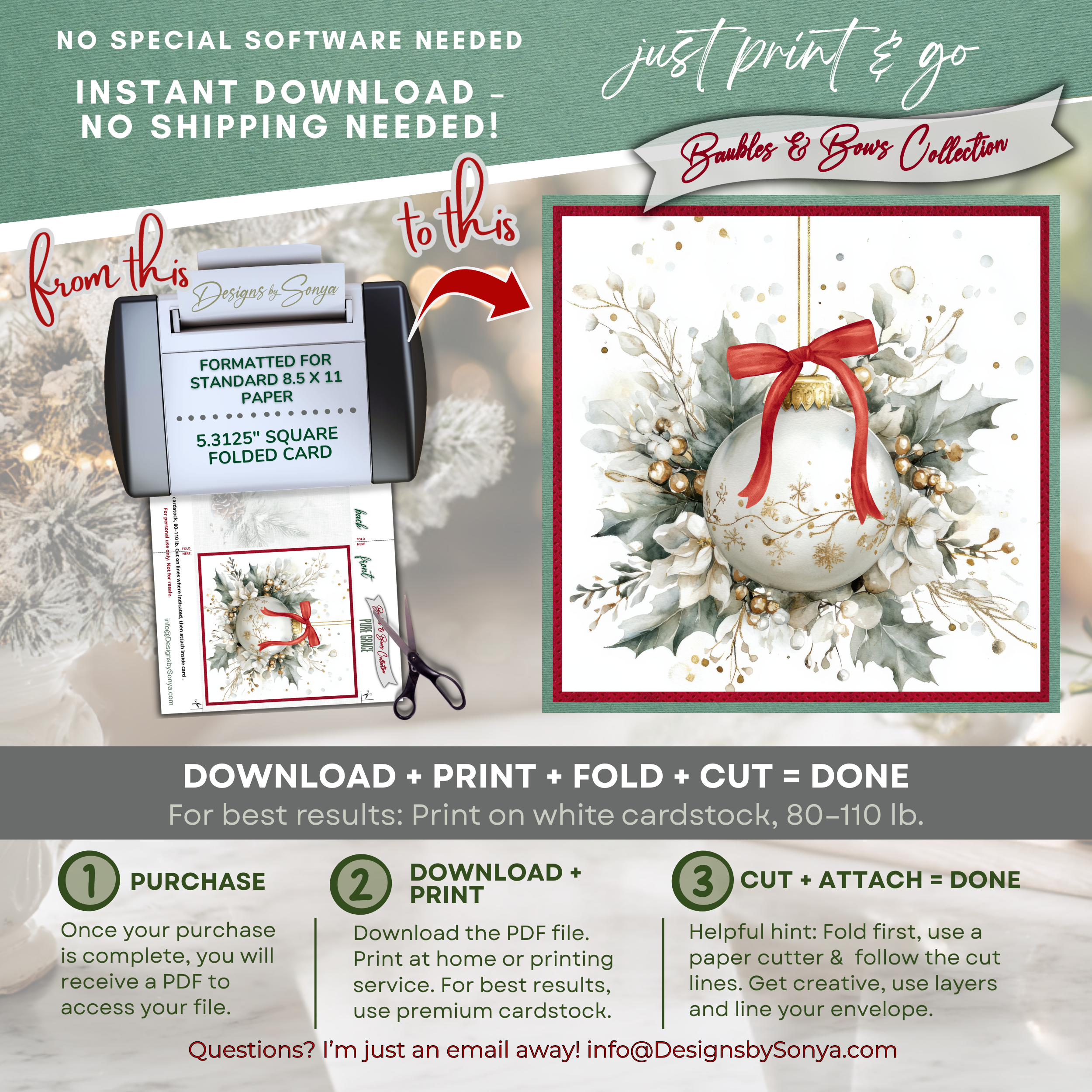 Printable Christmas Card – Watercolor Ornament with Red Bow, Holiday Greeting Card for Friends, Neighbors, Teachers, Coworkers, Family, Ministries