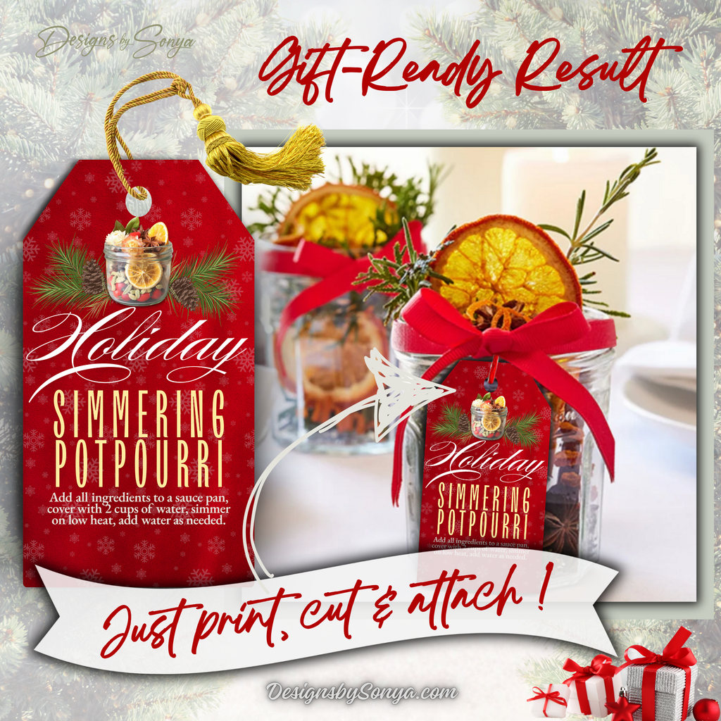 Holiday Potpourri Tag on Mason Jar Gift
Red simmering potpourri tag displayed on a jar with dried oranges and rosemary. A printable holiday tag for DIY Christmas gifts, corporate holiday giving, and festive handmade favors.