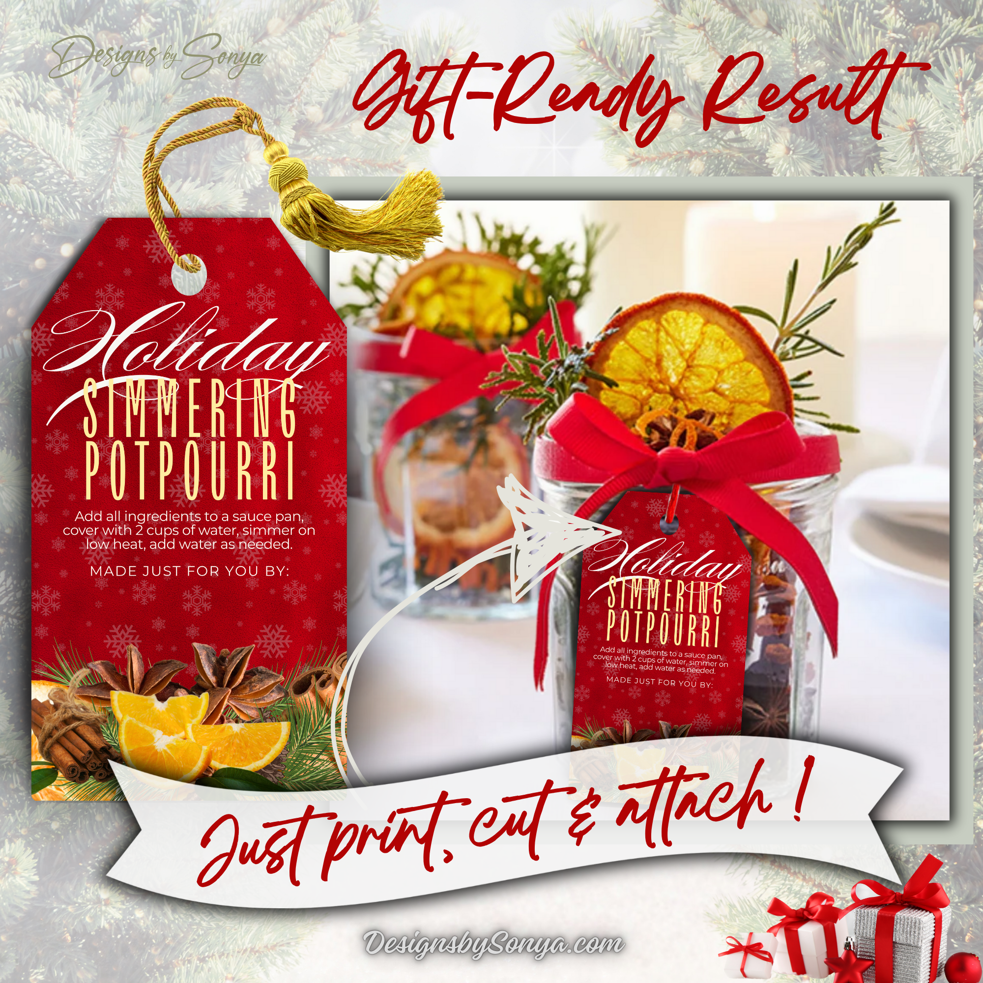 Red Holiday Potpourri Tag on Mason Jar
Red simmering potpourri tag displayed on a mason jar with dried orange and rosemary. Printable holiday tag for DIY gifts, corporate giving, and handmade keepsakes.