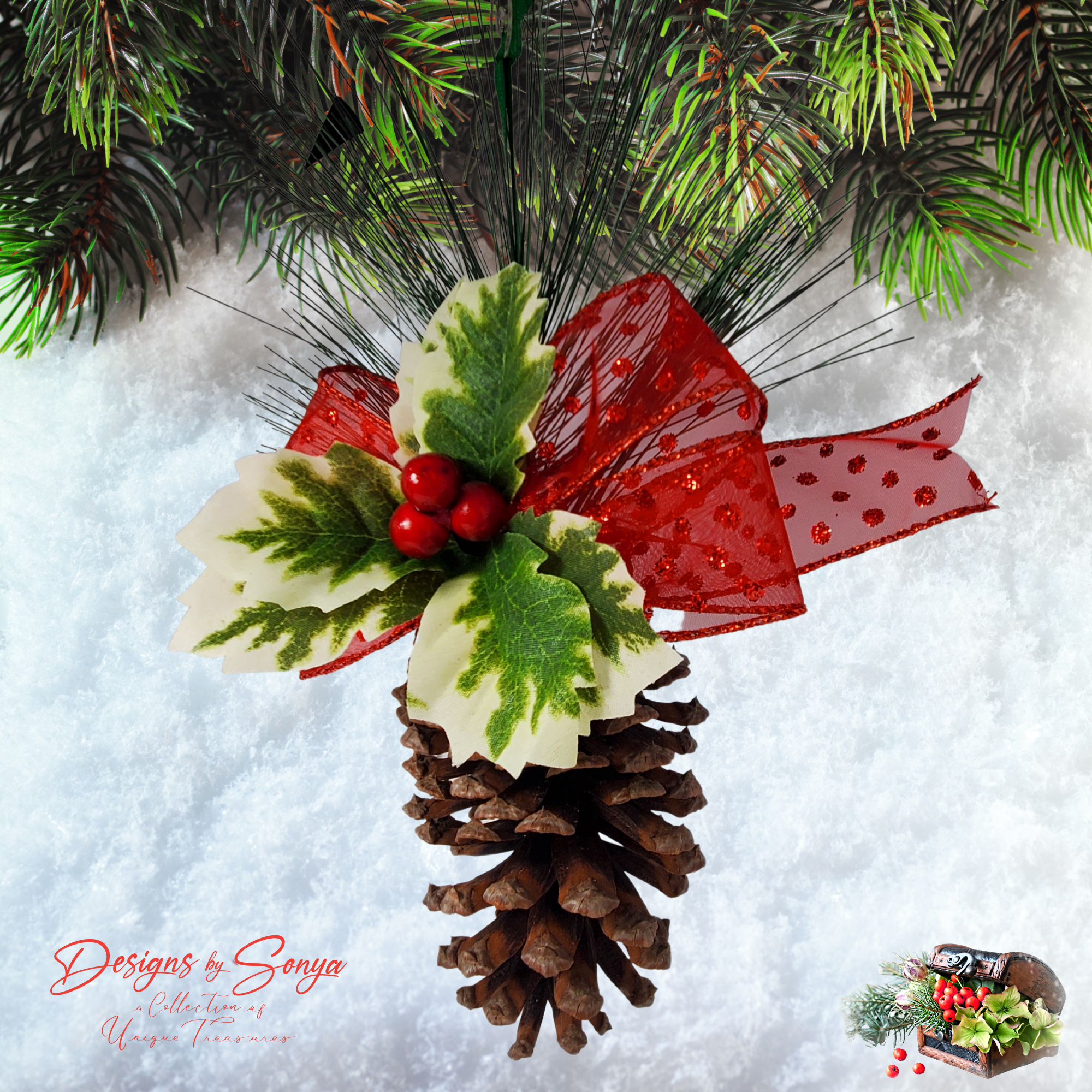Ornament Hanging in Snowy Scene
Christmas pinecone ornament displayed with snowy background, highlighting rustic woodland style and festive seasonal accents.
