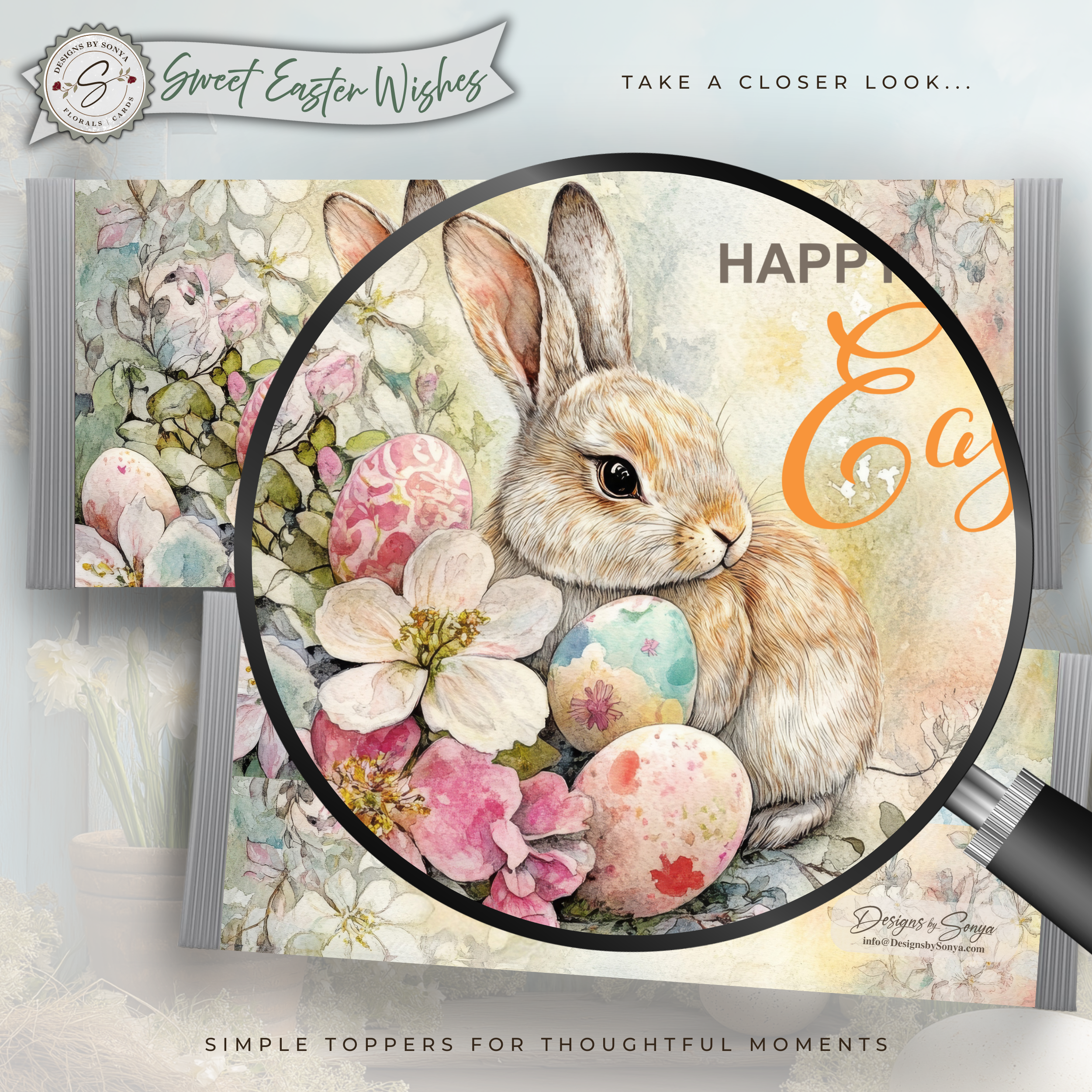 Easter Bunny Candy Bar Wrapper Printable – Watercolor Floral Happy Easter Chocolate Sleeve – Spring Party Favor for Kids Teachers Friends