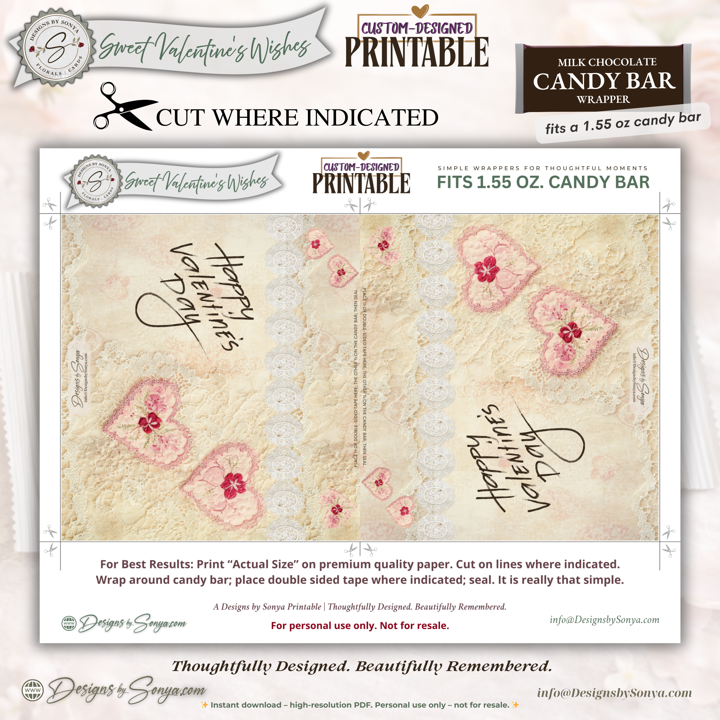 Valentine Candy Bar Wrapper Printable - Vintage Lace Heart Floral Chocolate Wrapper for 1.55 oz Candy Bar – Classroom Valentine Gift Idea