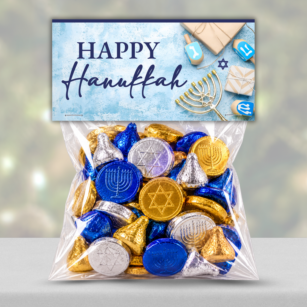 Printable Hanukkah Treat Bag Topper | Happy Hanukkah Candy Bag Topper | Blue Watercolor Menorah & Dreidel Design | Jewish Holiday Party Favor | 4" x 2" PDF Download