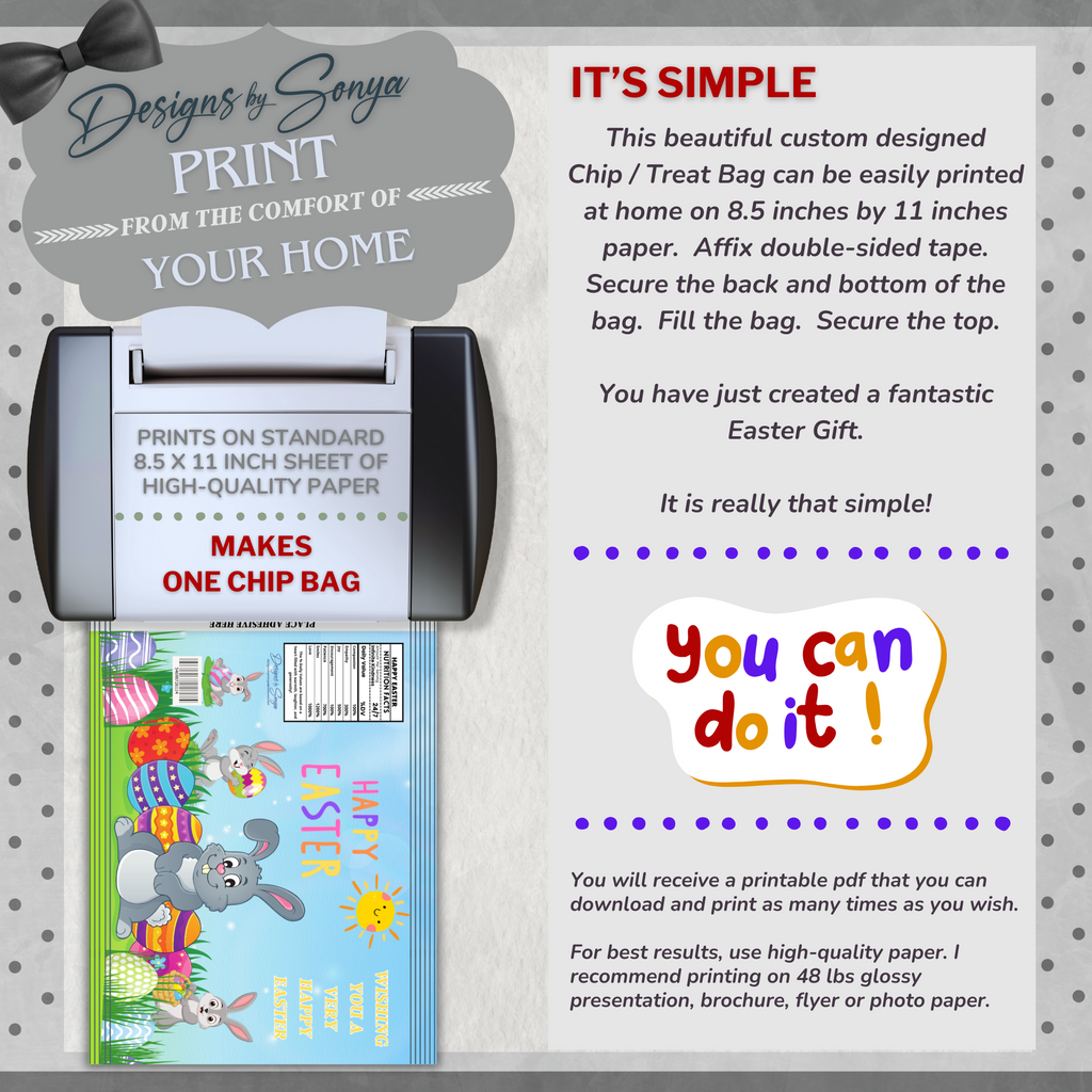 Custom Designed Easter Bunny Chip or Treat Bag | Classroom Party Favor | Simple | Unique | Teacher Gift | Instant Download | Print at Home