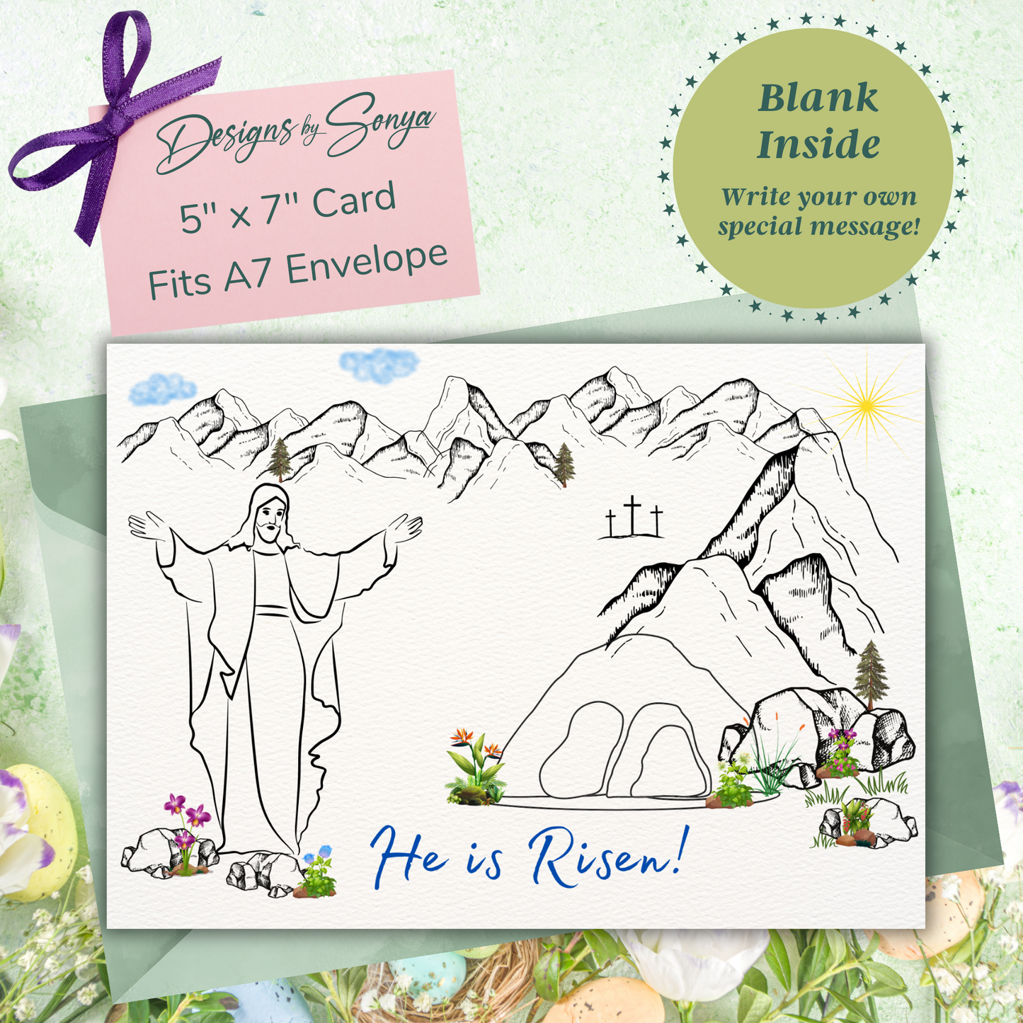 Custom 5 x 7 Printable He is Risen Easter DIY Kid Coloring Greeting Card w/Envelope - Classroom Activity - Instant Download - Print at Home