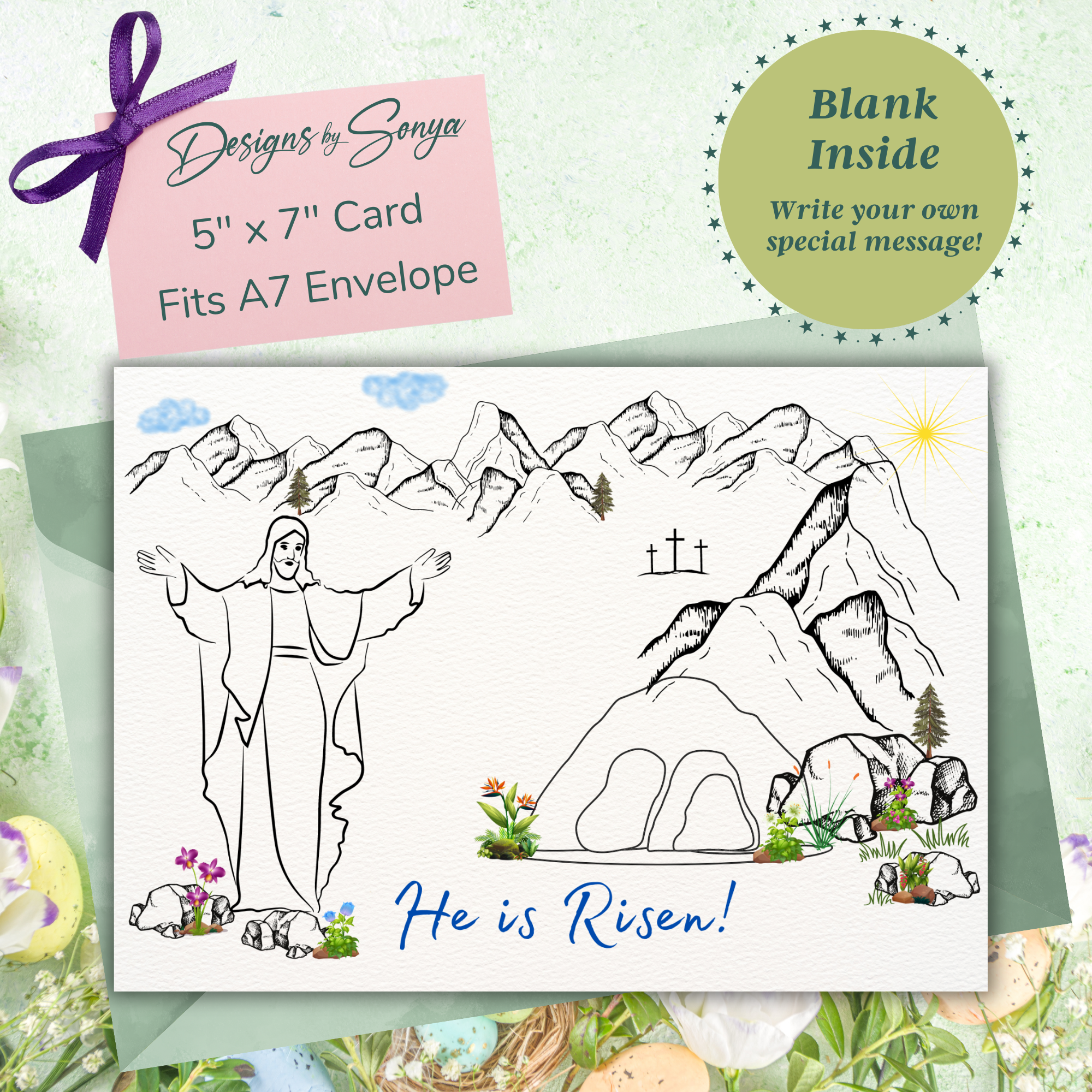 Custom 5 x 7 Printable He is Risen Easter DIY Kid Coloring Greeting Card w/Envelope - Classroom Activity - Instant Download - Print at Home