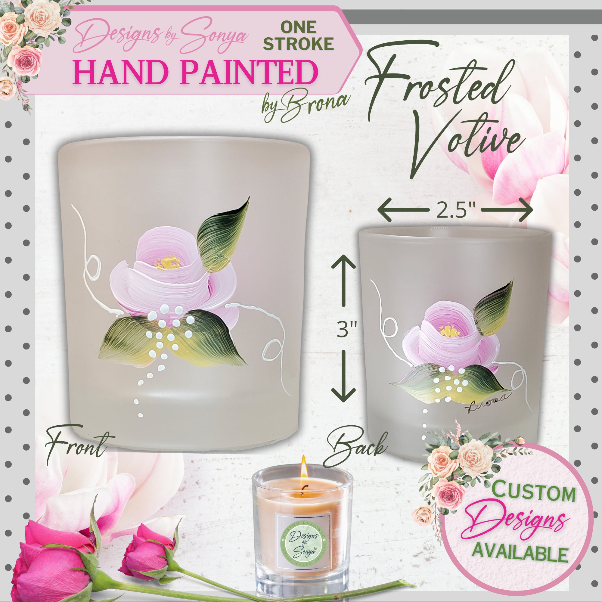Unique One Stroke | Hand Painted Enamel Glass Votive | Candle Holder | Pink Rose Design | Original Work of Art | Mother's Day Gift | Signed