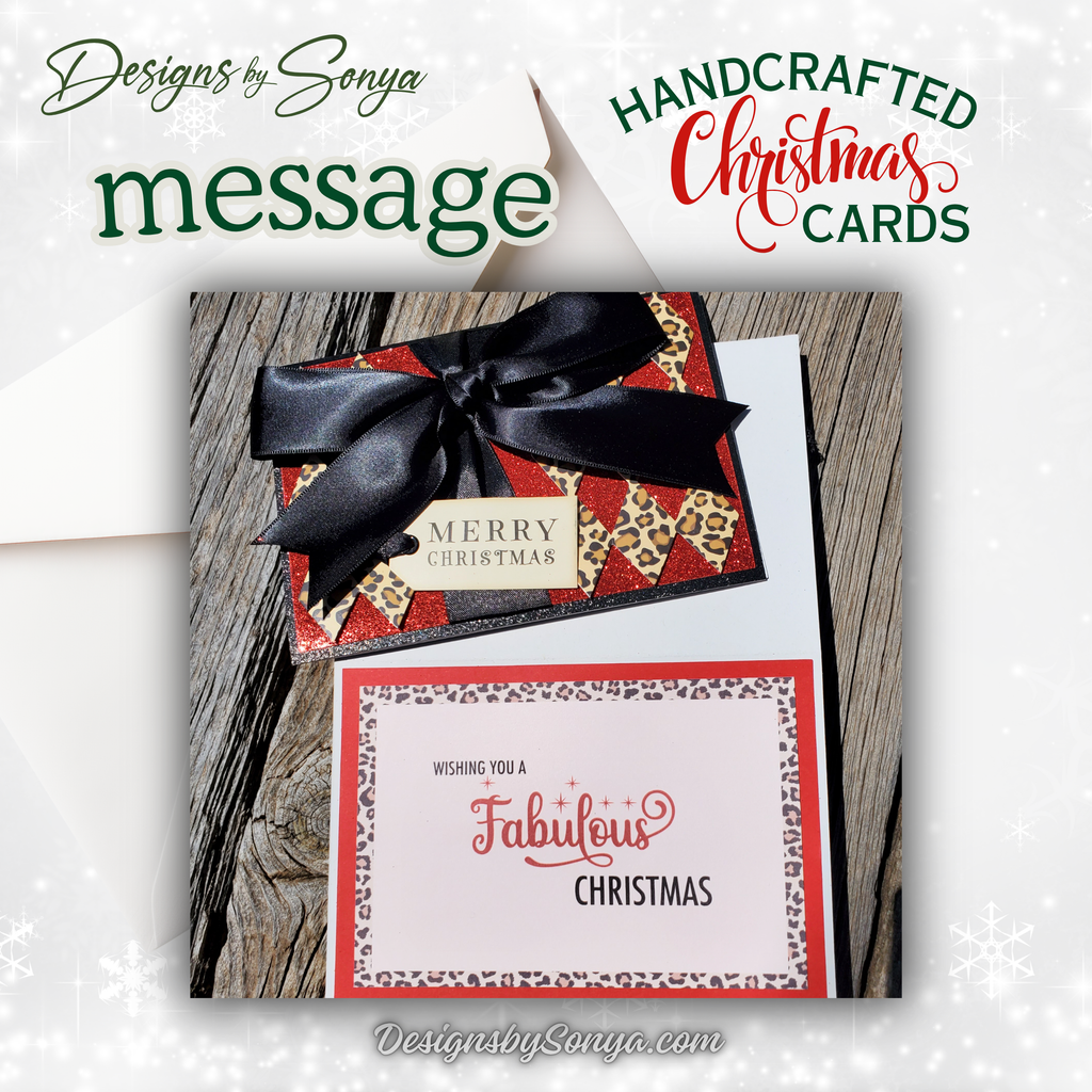 Merry Christmas Card with Leopard & Red Glitter | Handcrafted Holiday Card with Bow | Unique A7 Keepsake for Gift-Giving