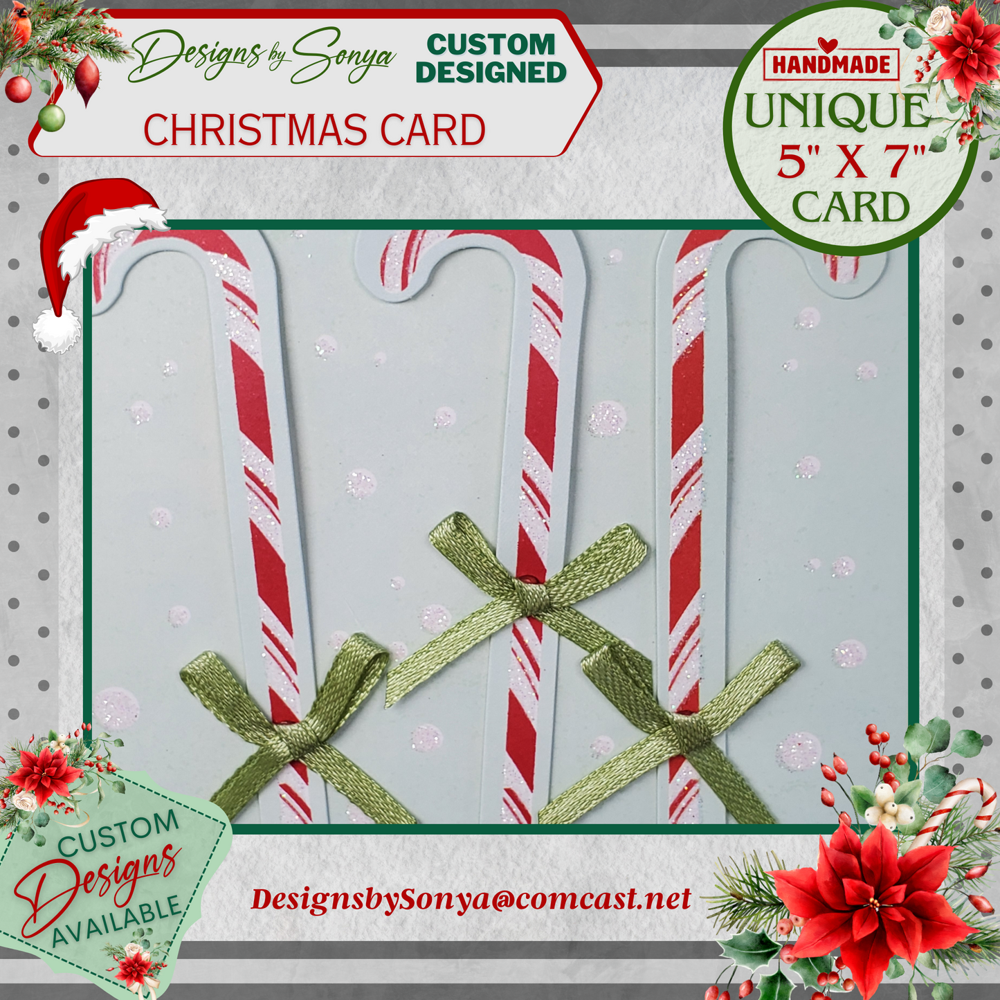 LIMITED EDITION | Festive and Unique | 5" x7" Candy Cane Christmas Card | 1/2" Green Hand Tied Bows | Handcrafted Layered Holiday Greetings