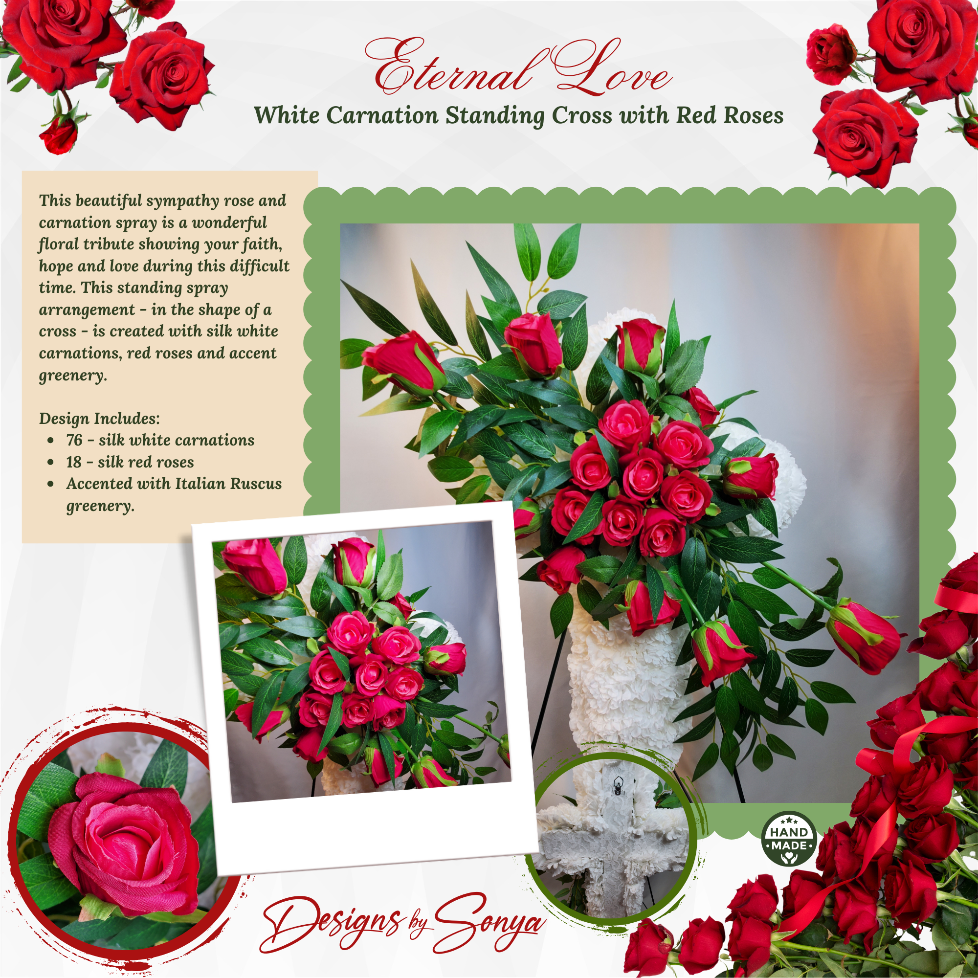 Eternal Love Standing Cross - White Carnations and Red Roses Memorial