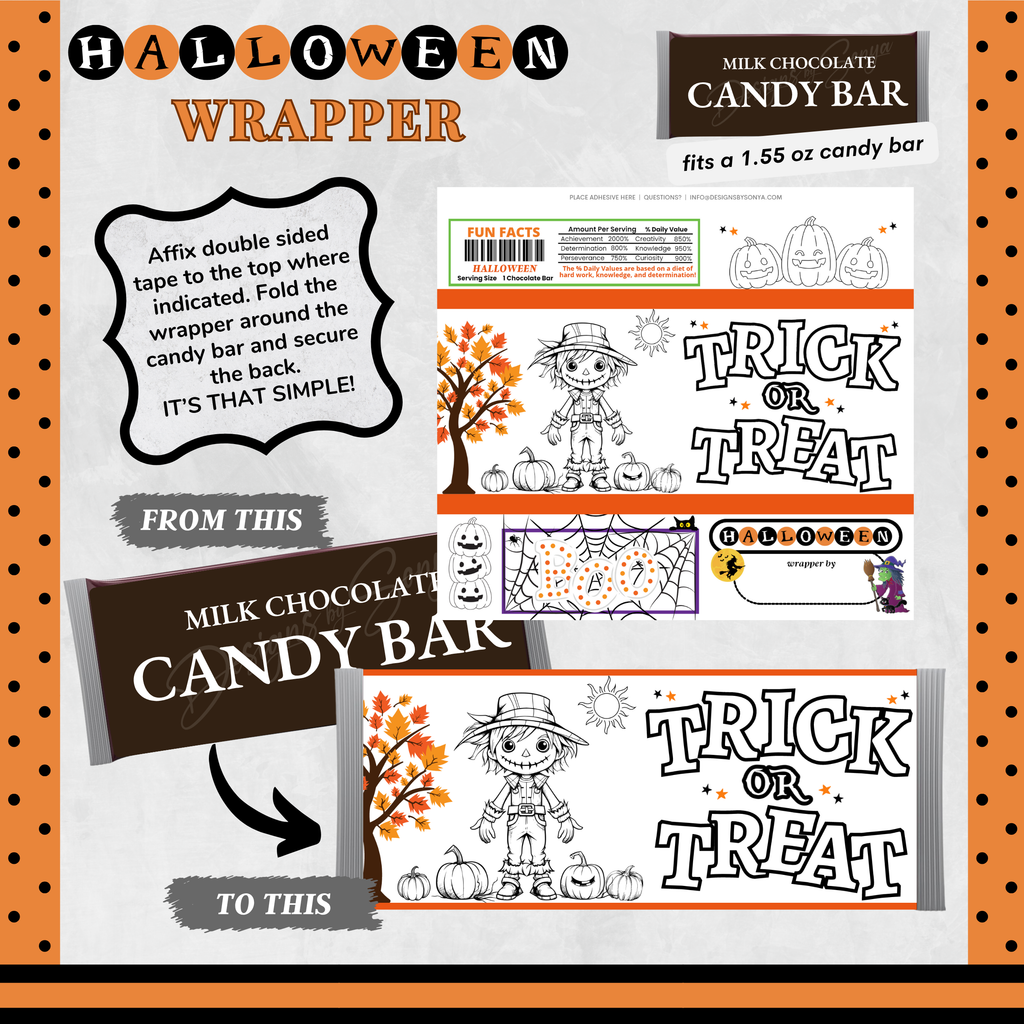 Classroom Activity for Teachers | Halloween Digital Coloring Candy Bar Wrapper | Instant Download Printable for Trick-or-Treat Party Favors