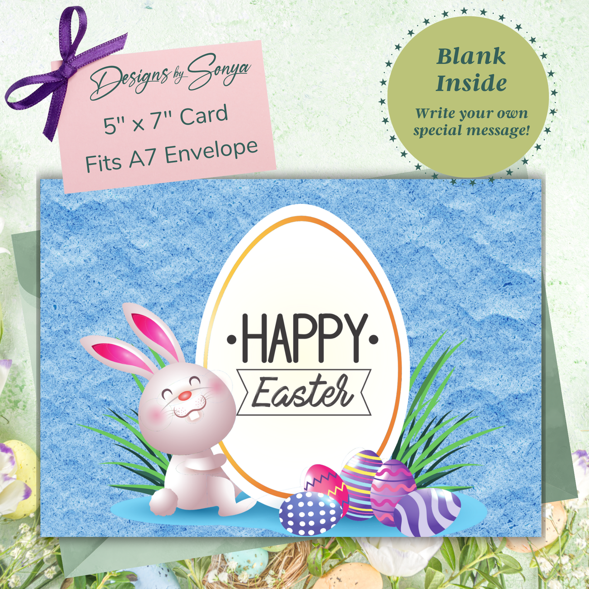 Happy Easter Cute Rabbit | Custom Designed | 5 x 7 Printable Greeting Card | Matching Envelope Included | Instant Download | Print from Home