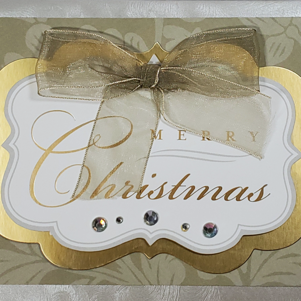 Gold & Ivory Christmas Card with Bow and Rhinestones | Elegant A7 Handcrafted Holiday Greeting | Limited Edition Keepsake
