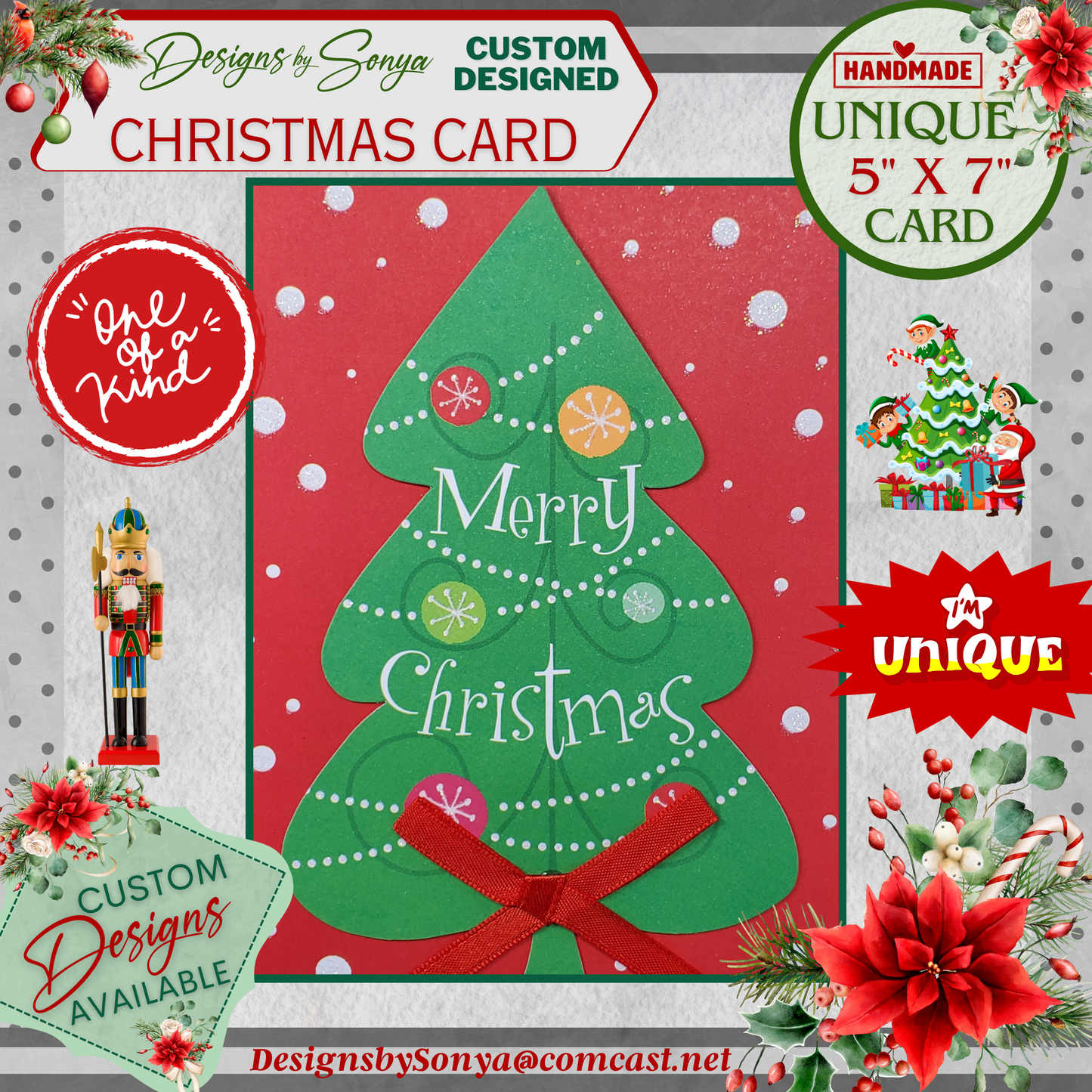 LIMITED EDITION | Festive 5" x7" Green Christmas Tree Embellished with a 1/4" Hand Tied Bow | Custom 3D Layered Holiday Greeting Card